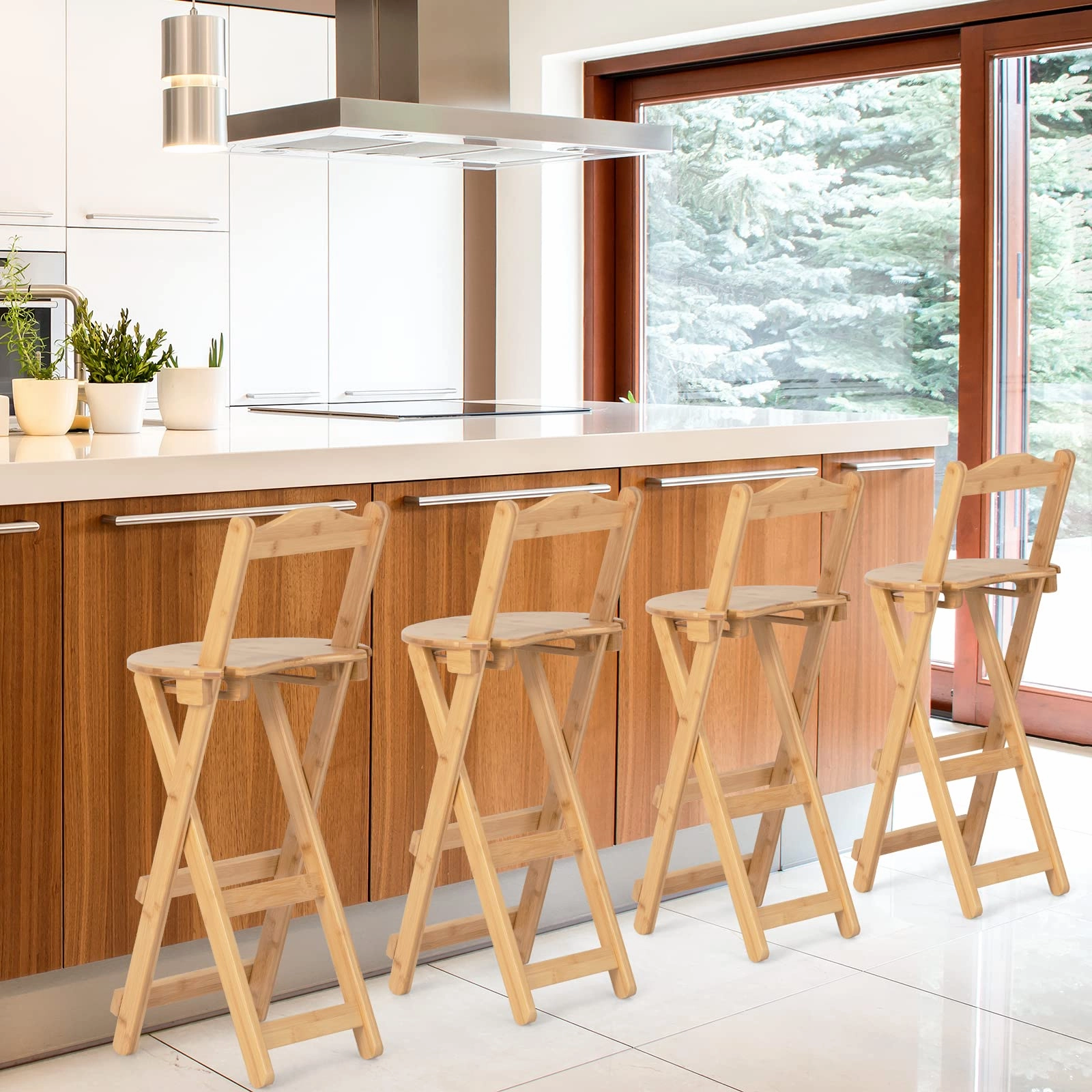 Folding Bamboo Bar Stools 24 Kitchen Counter Height Stool with Backrest & Footrest
