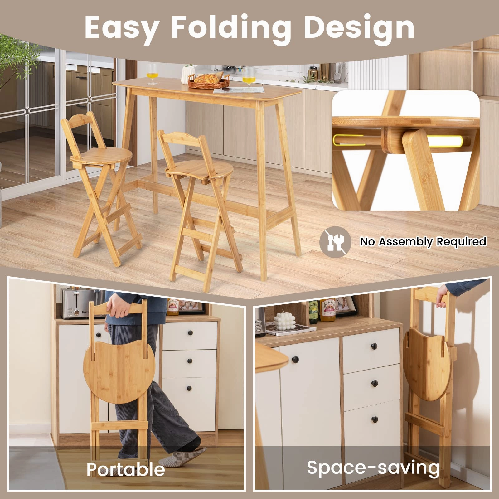 Folding Bamboo Bar Stools 24 Kitchen Counter Height Stool with Backrest & Footrest