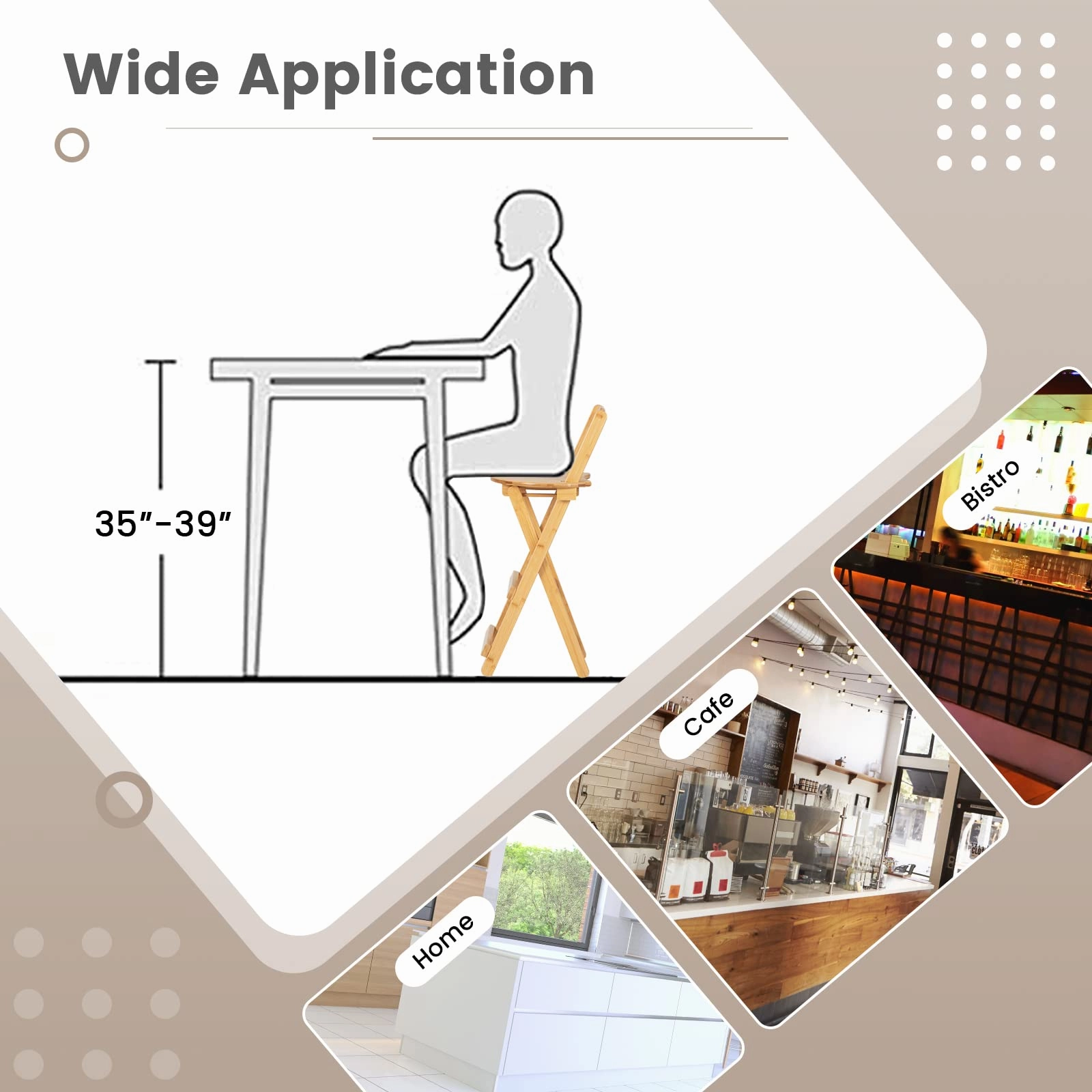 Folding Bamboo Bar Stools 24 Kitchen Counter Height Stool with Backrest & Footrest