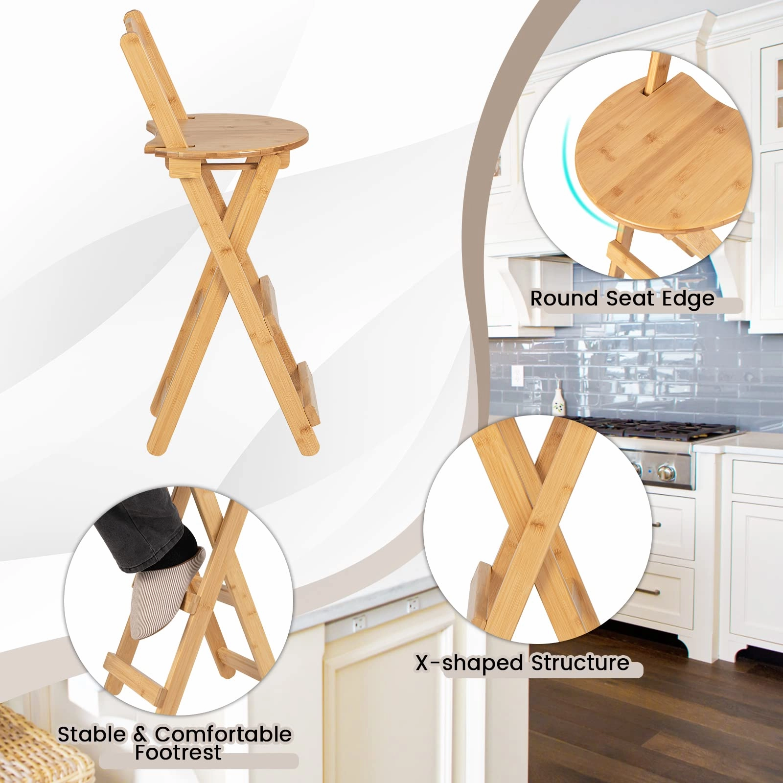 Folding Bamboo Bar Stools 24 Kitchen Counter Height Stool with Backrest & Footrest