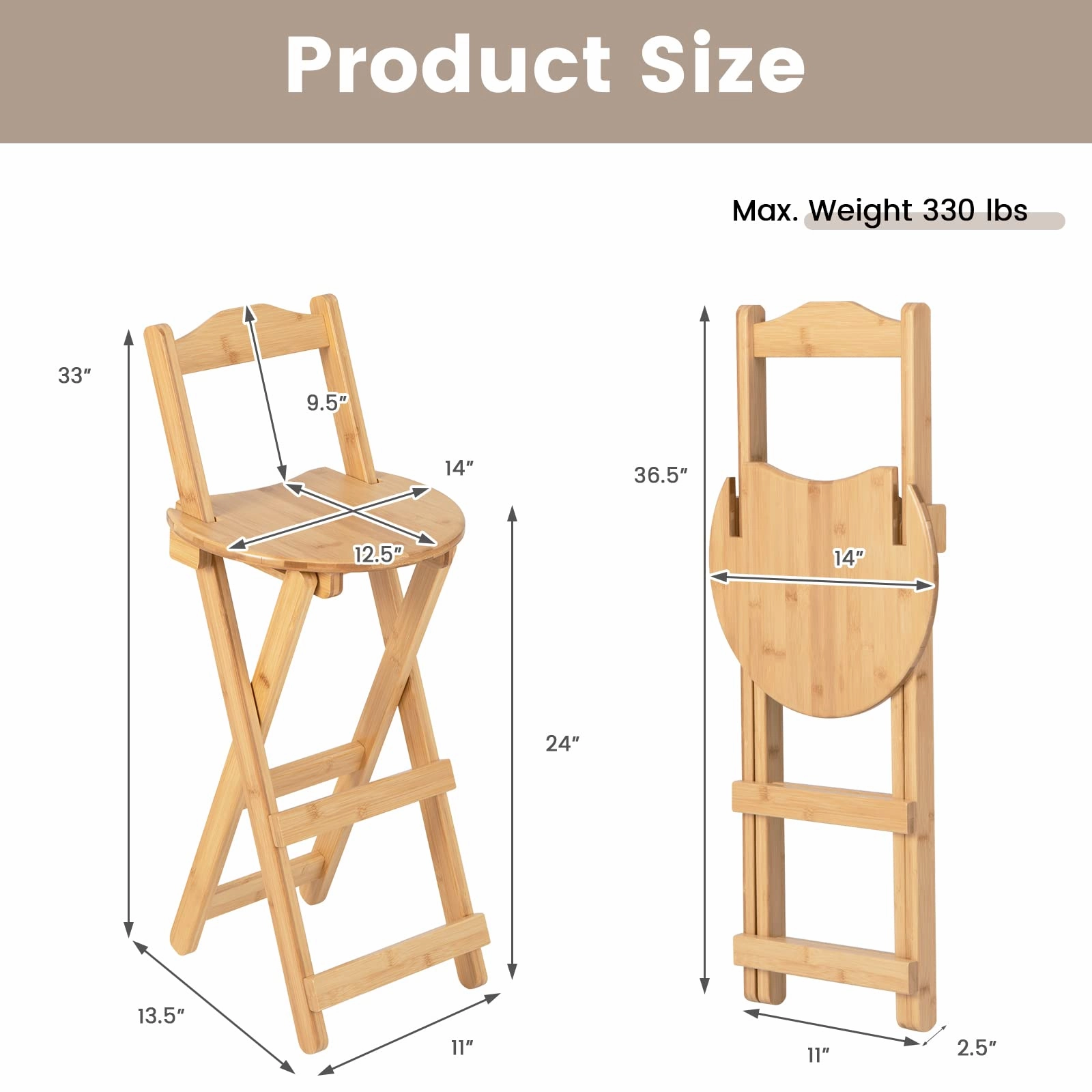 Folding Bamboo Bar Stools 24 Kitchen Counter Height Stool with Backrest & Footrest