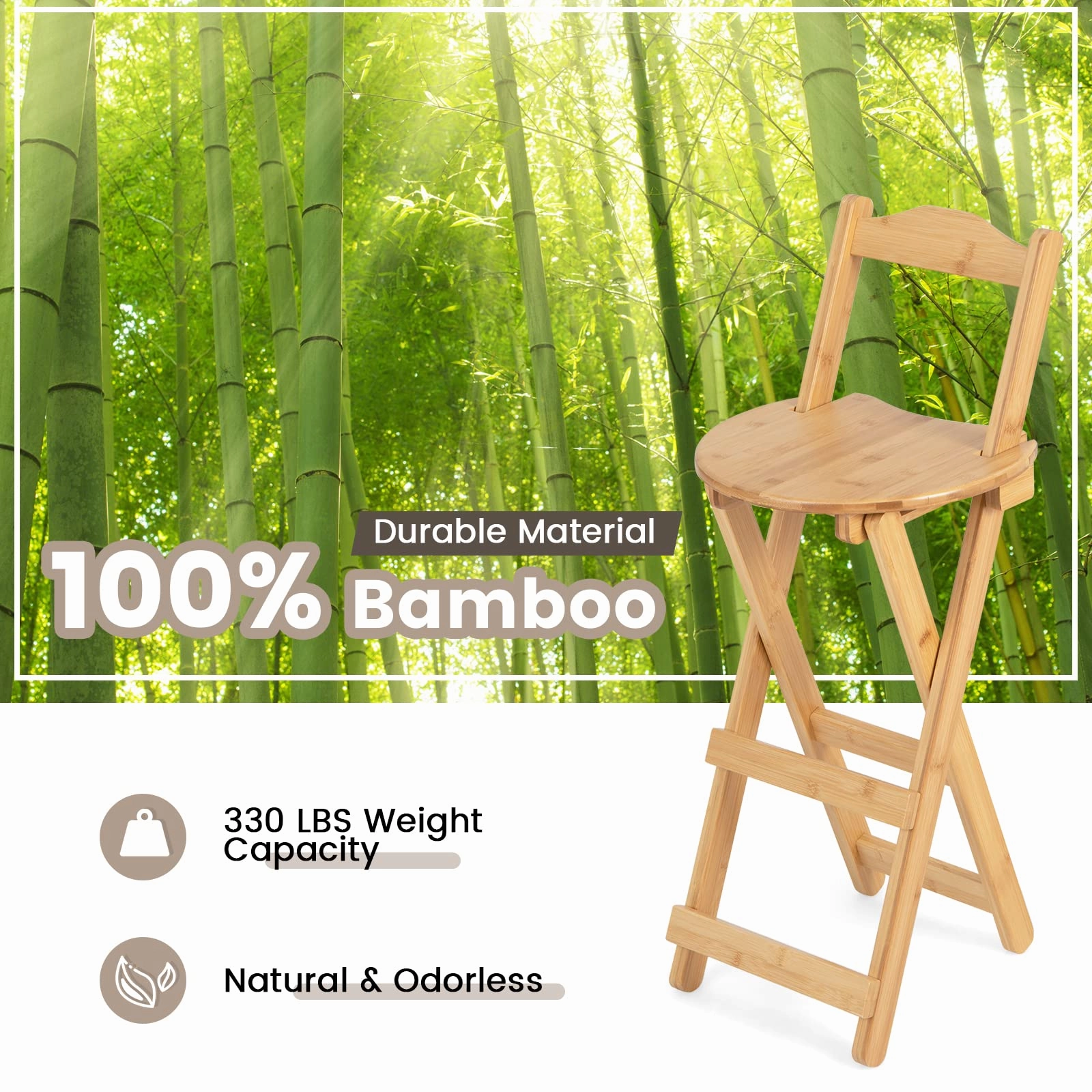 Folding Bamboo Bar Stools 24 Kitchen Counter Height Stool with Backrest & Footrest