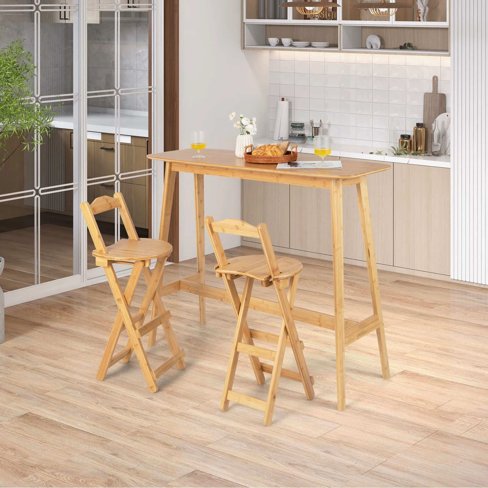 Folding Bamboo Bar Stools 24 Kitchen Counter Height Stool with Backrest & Footrest