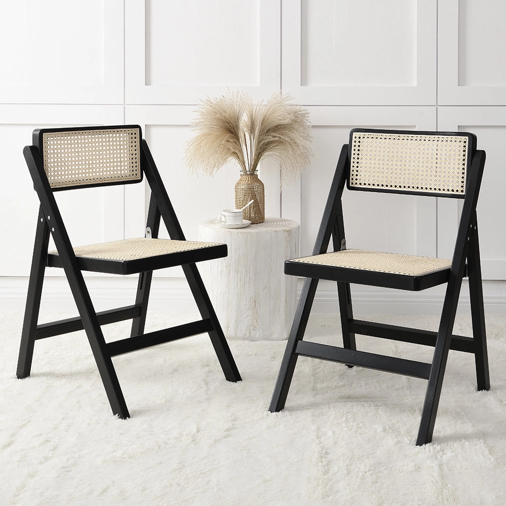 Frances Set of 2 Folding Cane Rattan Chairs, Black Colour