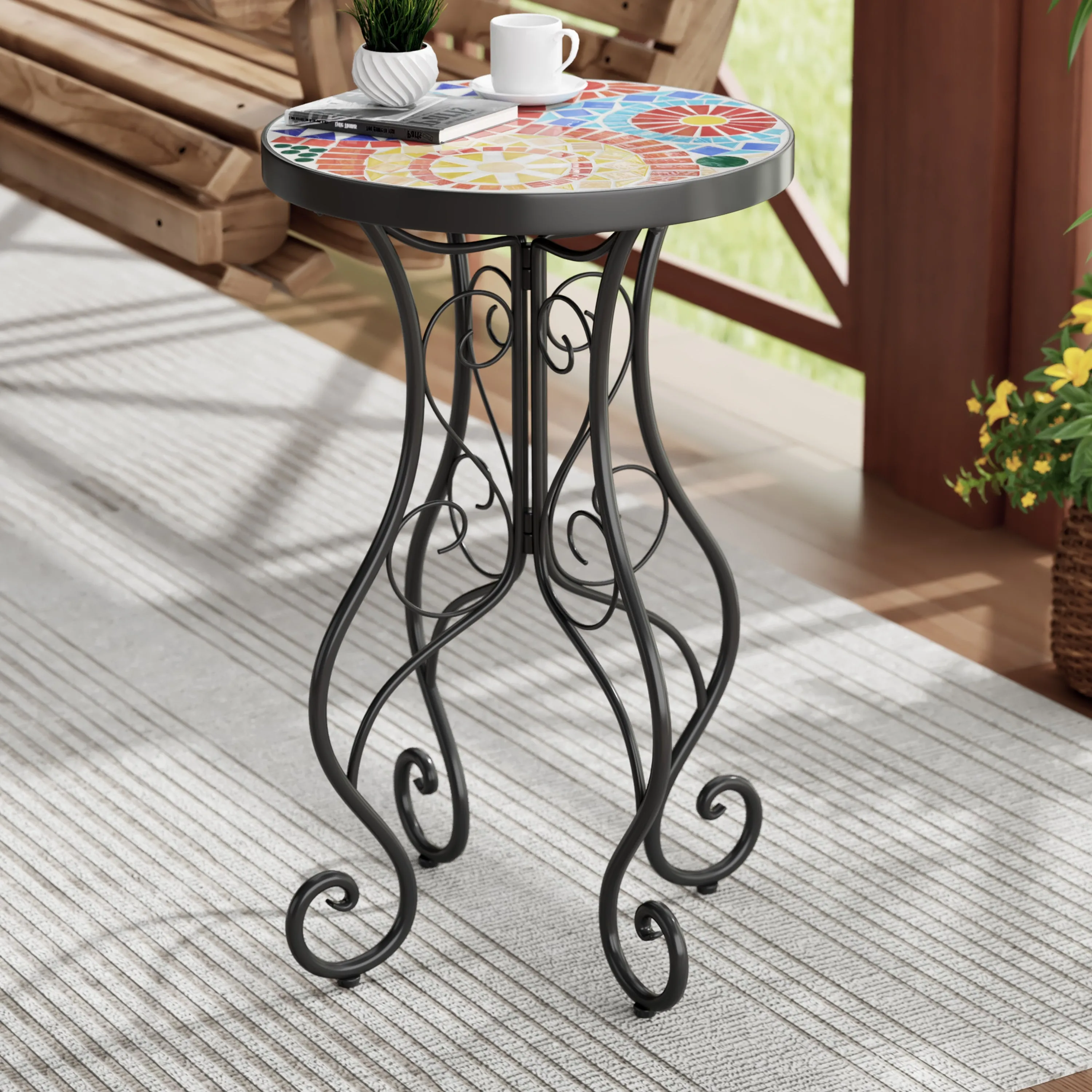 French Country Floral Tile Outdoor Side Table  14" Round Ceramic Top