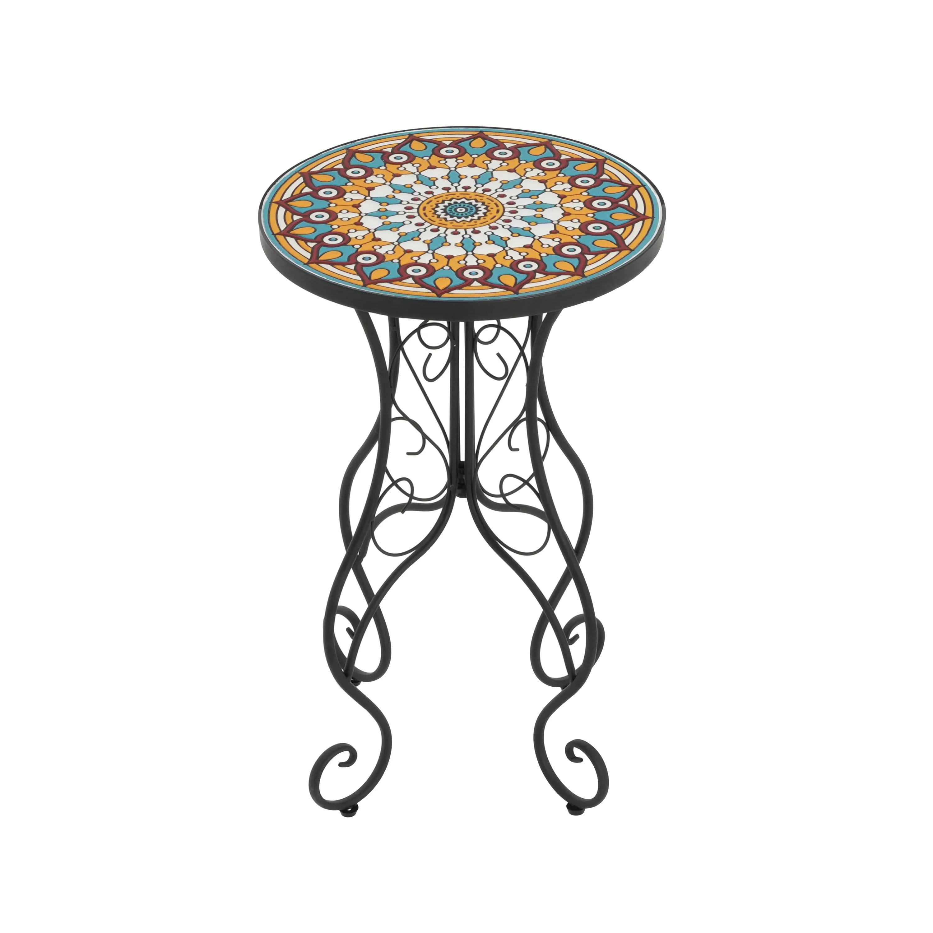 French Country Floral Tile Outdoor Side Table  14" Round Ceramic Top