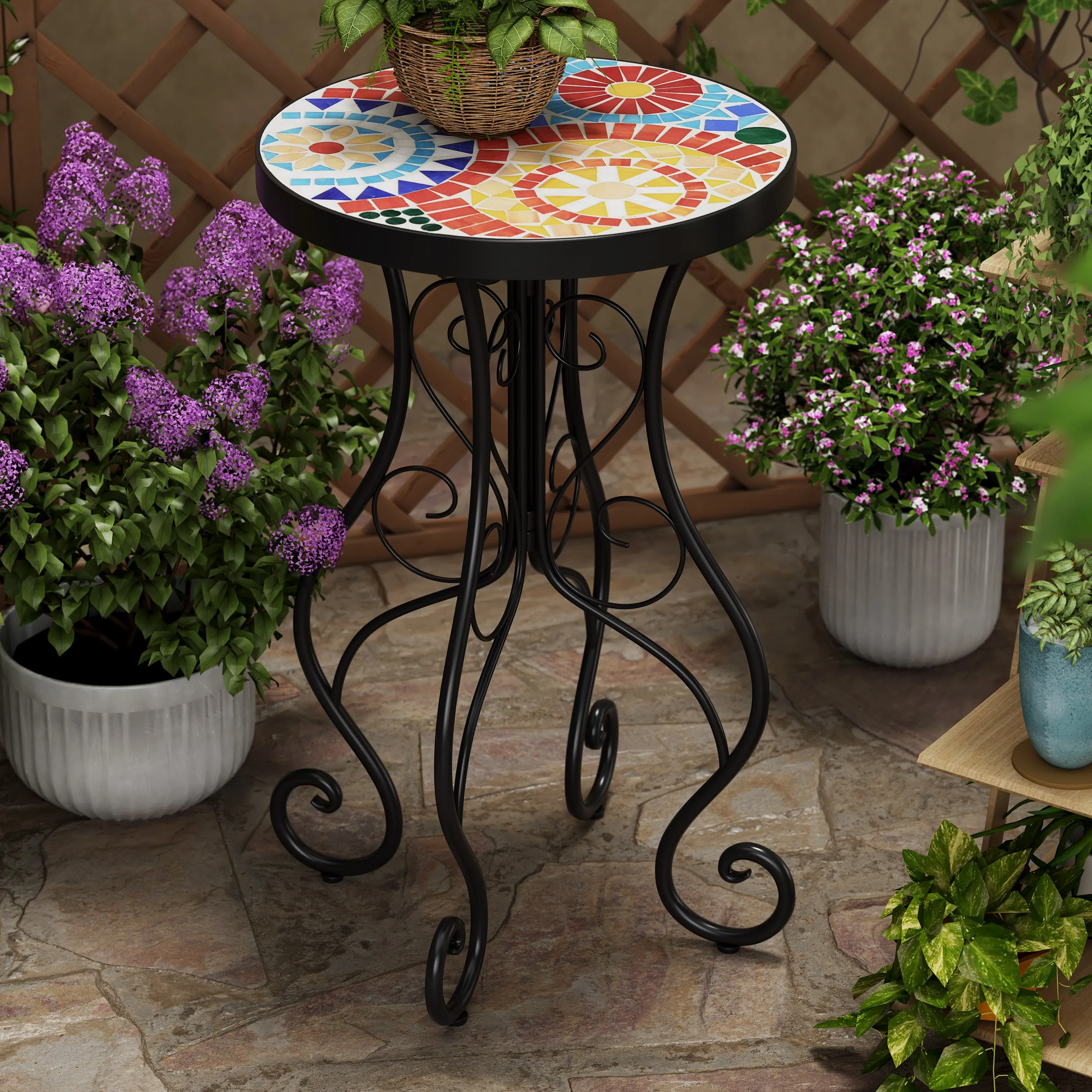 French Country Floral Tile Outdoor Side Table  14" Round Ceramic Top patio chairs, outdoor seating