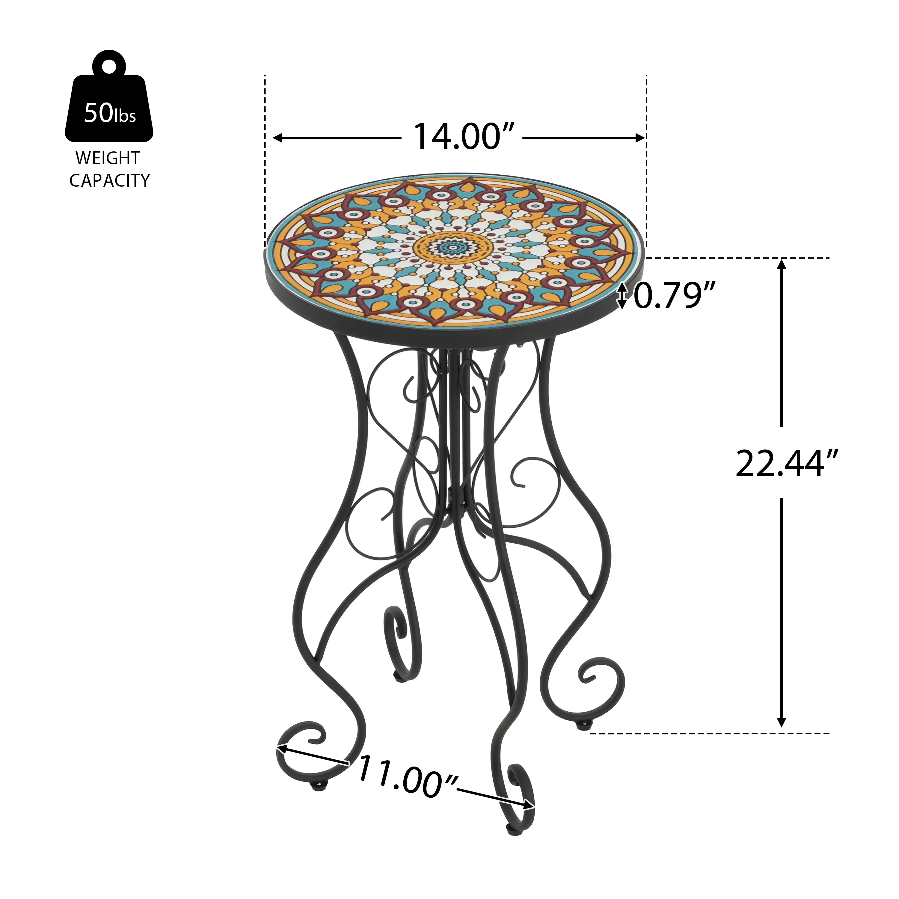 French Country Floral Tile Outdoor Side Table  14" Round Ceramic Top