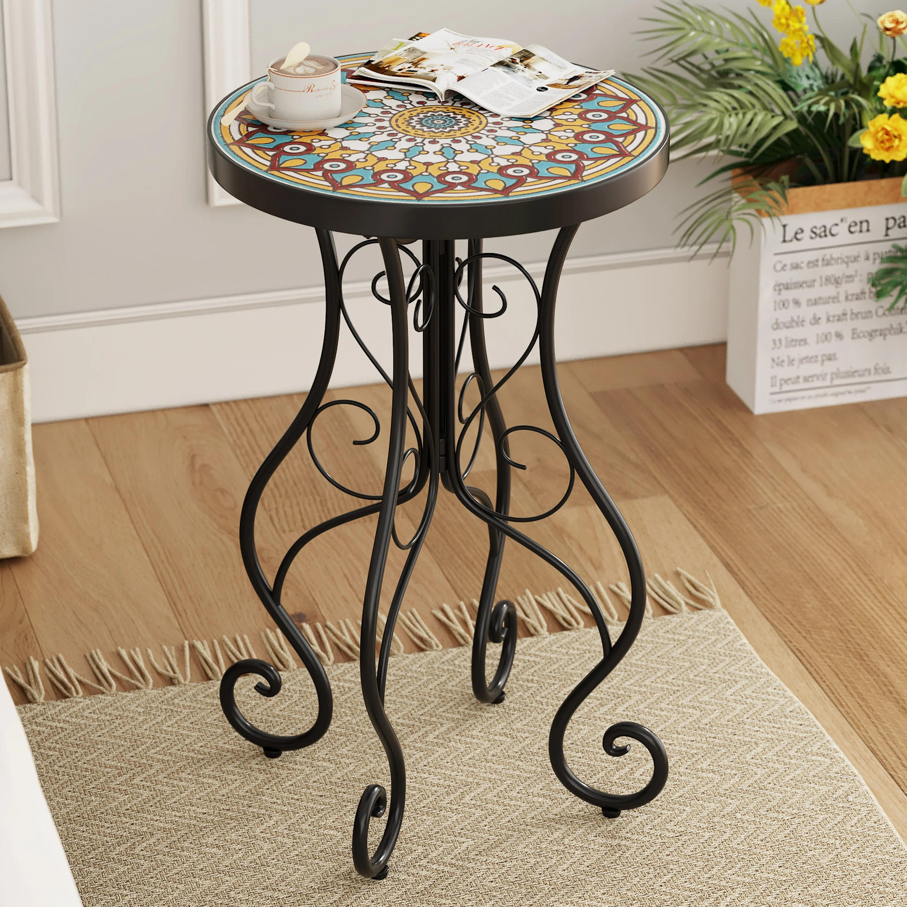 French Country Floral Tile Outdoor Side Table  14" Round Ceramic Top
