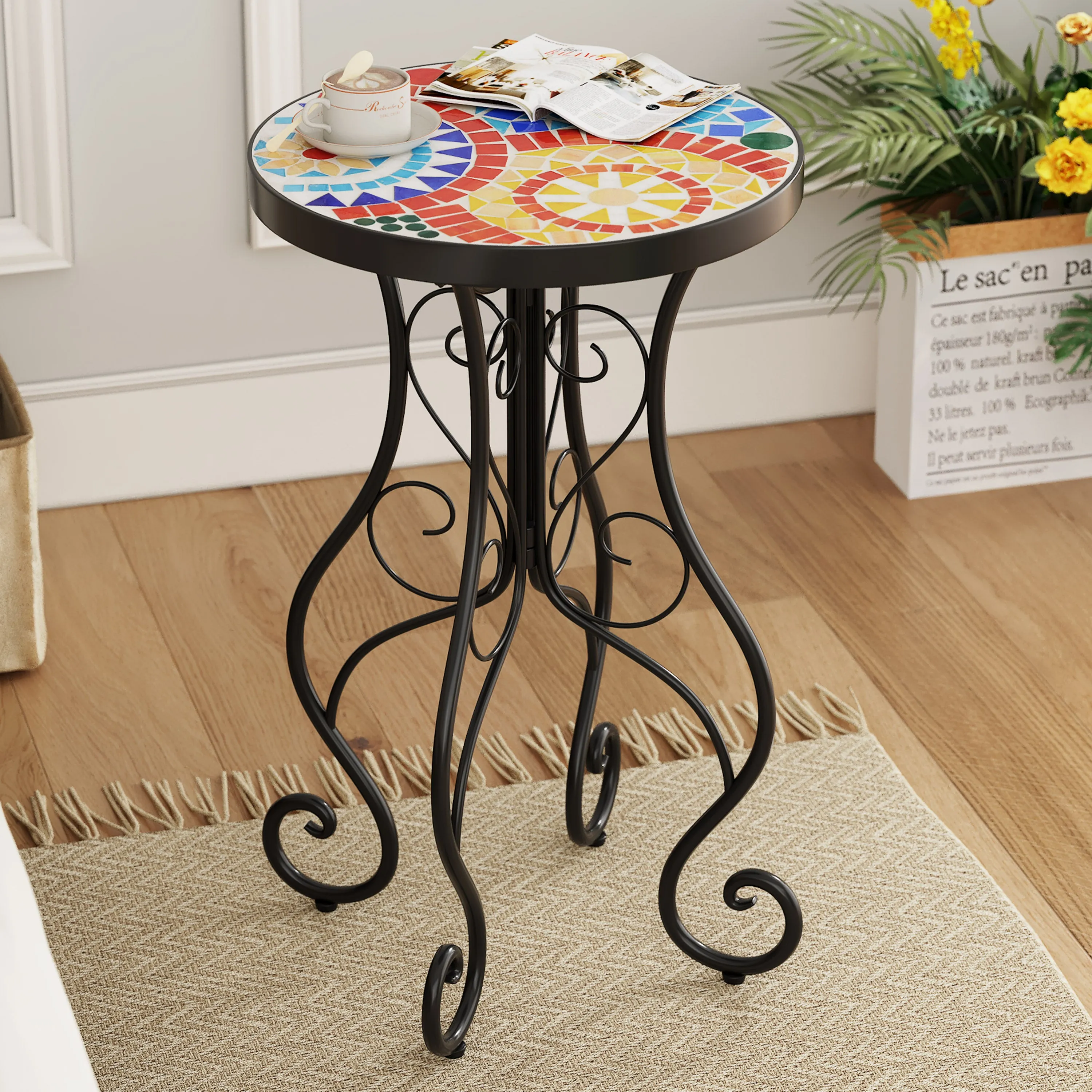 French Country Floral Tile Outdoor Side Table  14" Round Ceramic Top