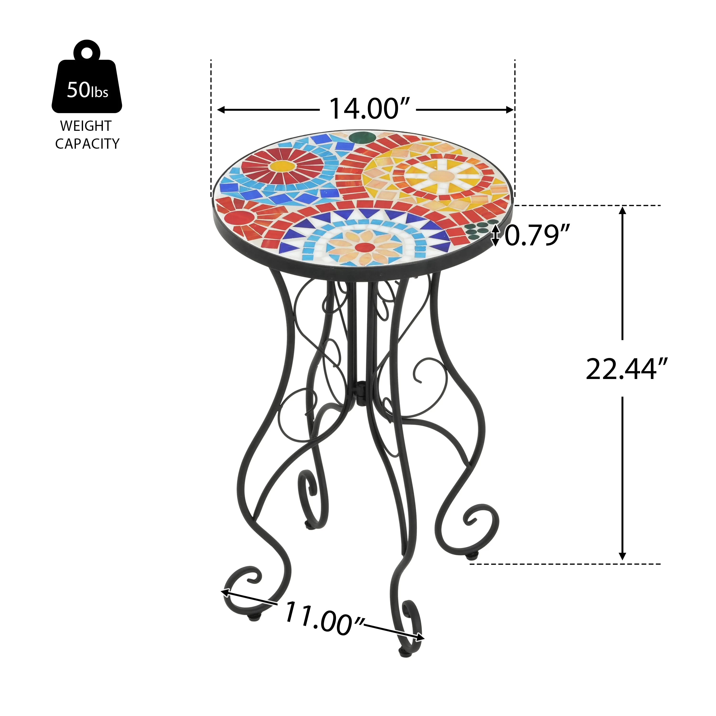 French Country Floral Tile Outdoor Side Table  14" Round Ceramic Top