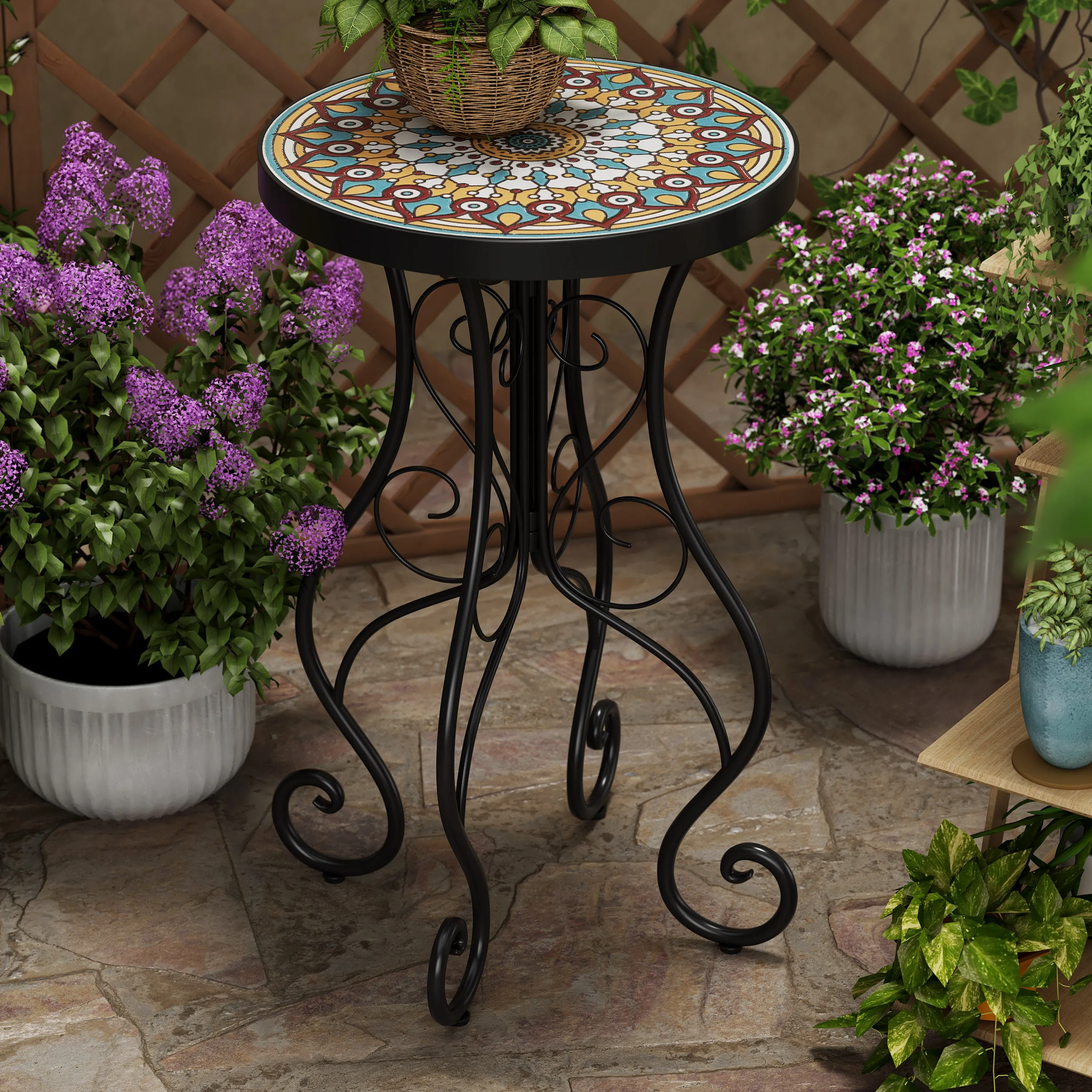 French Country Floral Tile Outdoor Side Table  14" Round Ceramic Top