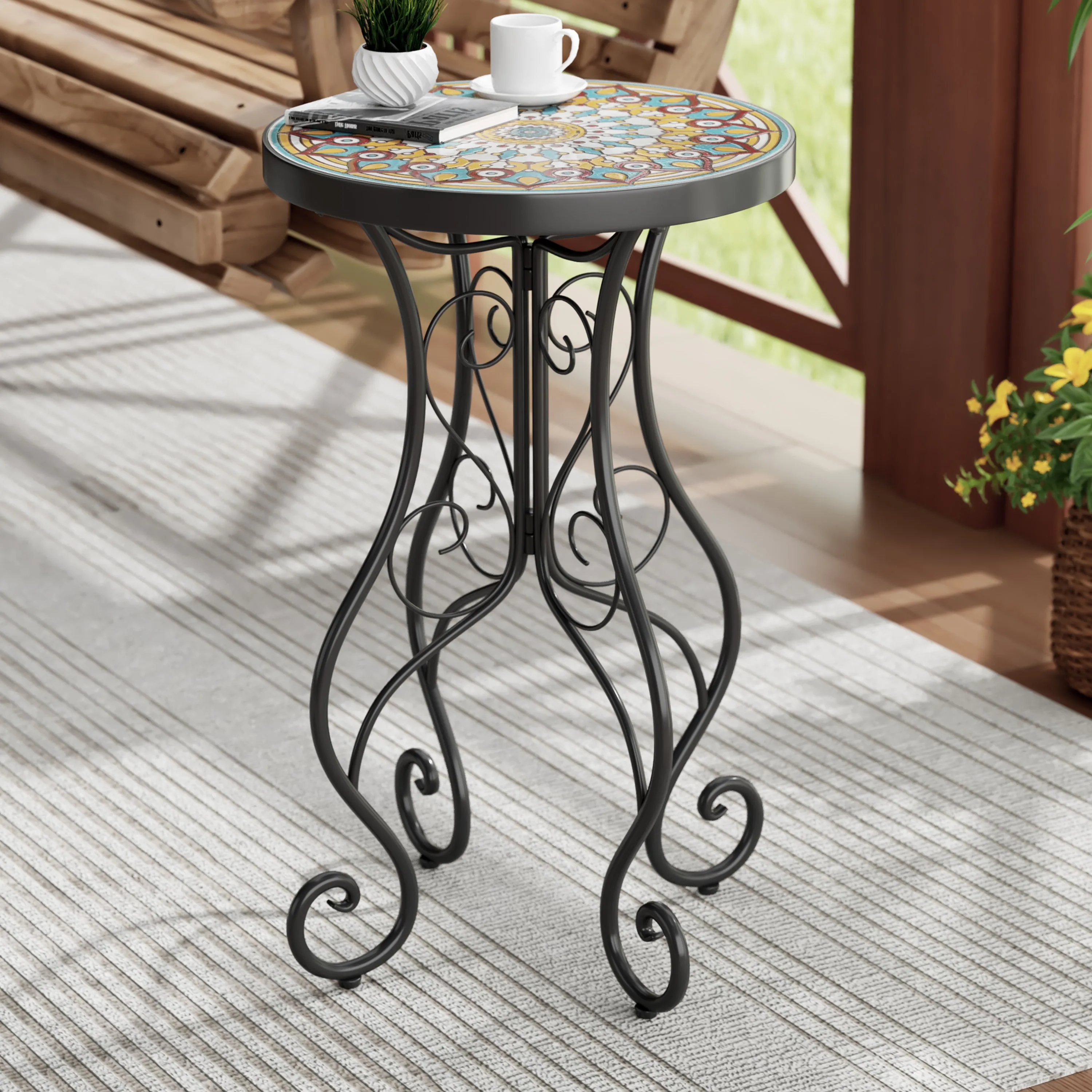 French Country Floral Tile Outdoor Side Table  14" Round Ceramic Top