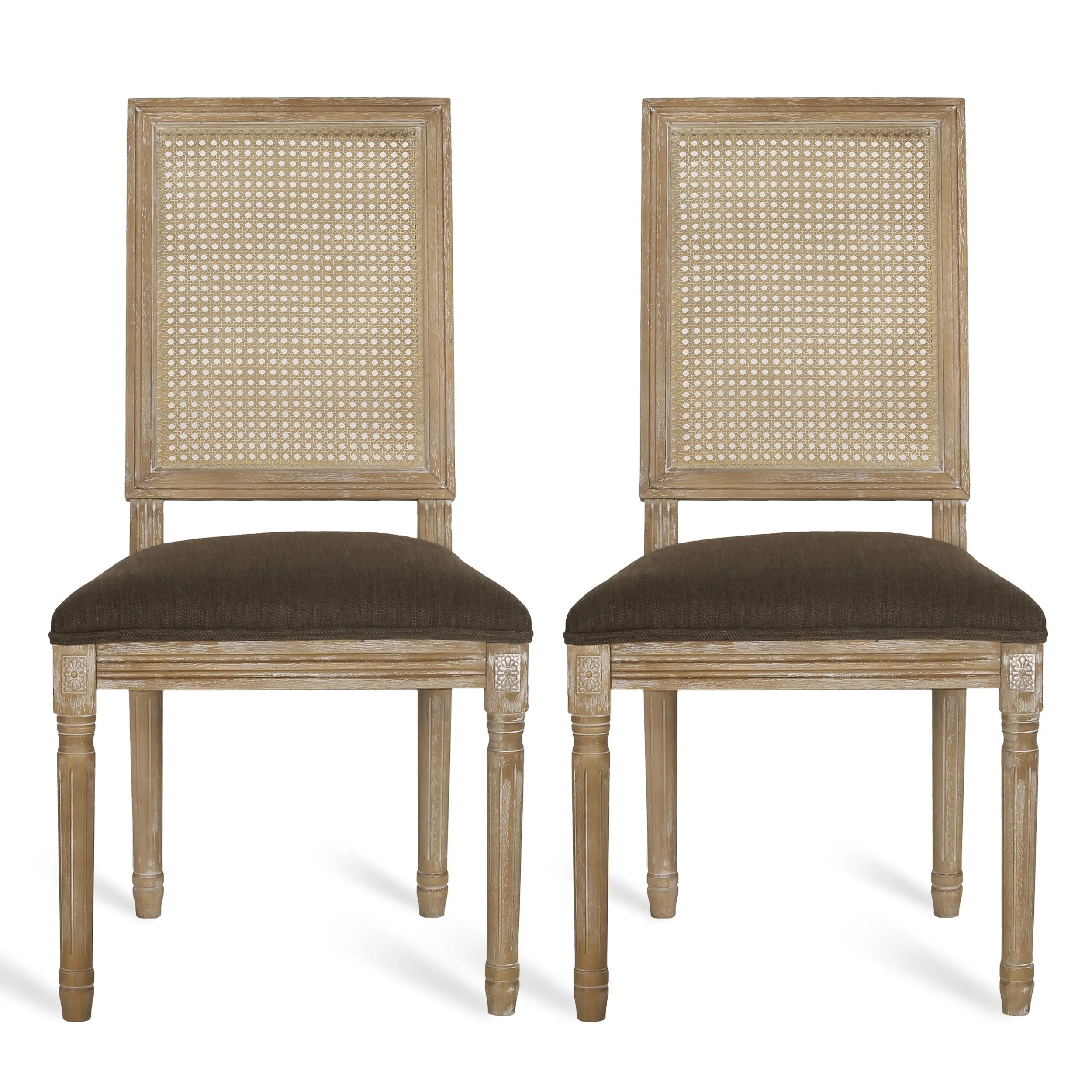 French Country Wood and Cane Upholstered Dining Chair, Set of 2 - NH784513