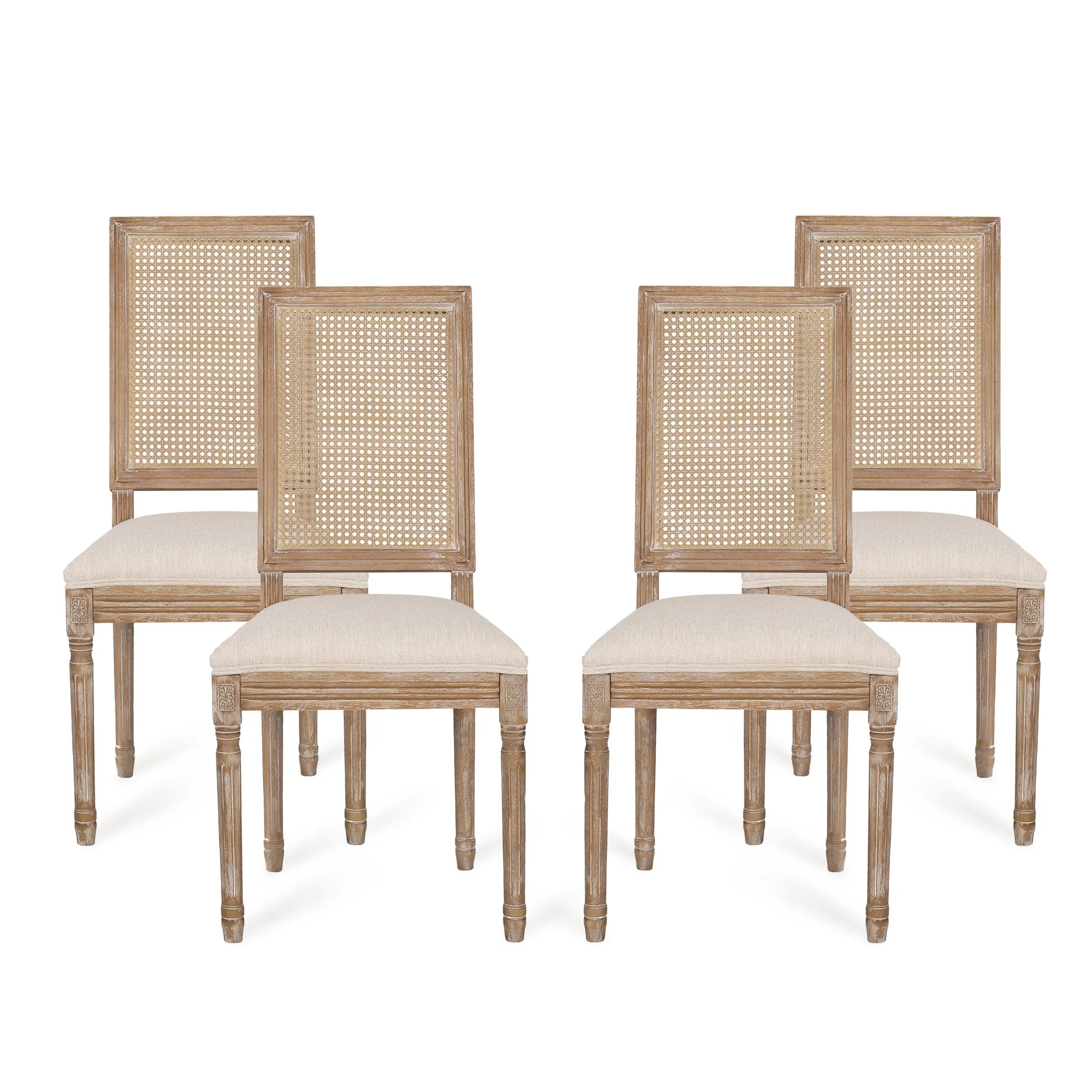 French Country Wood and Cane Upholstered Dining Chair, Set of 4 - NH494513