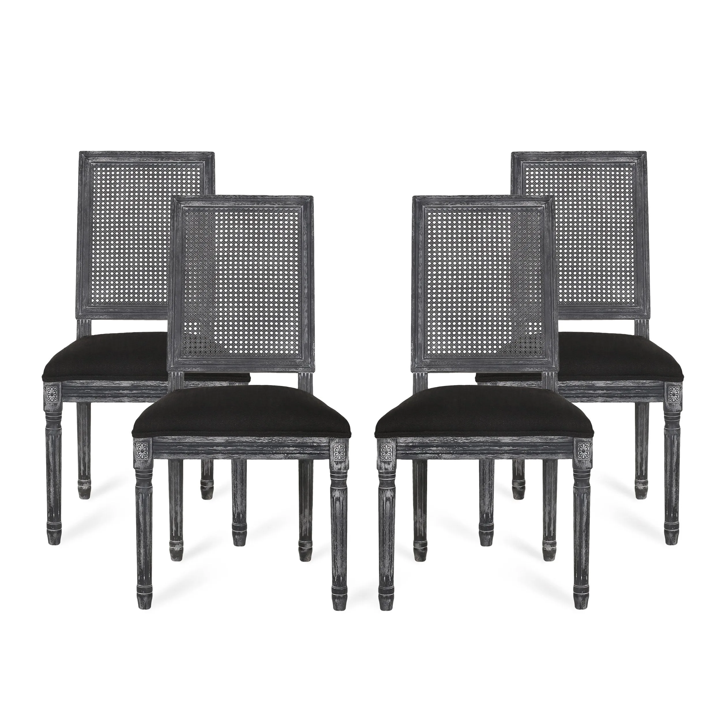 French Country Wood and Cane Upholstered Dining Chair, Set of 4 - NH494513