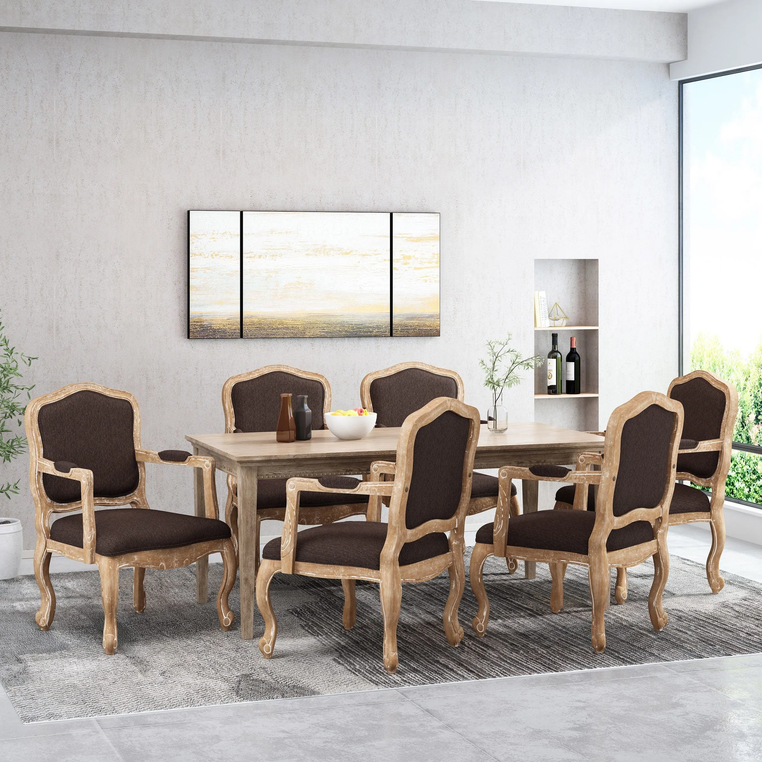 French Country Wood Upholstered Dining Armchair - NH581513