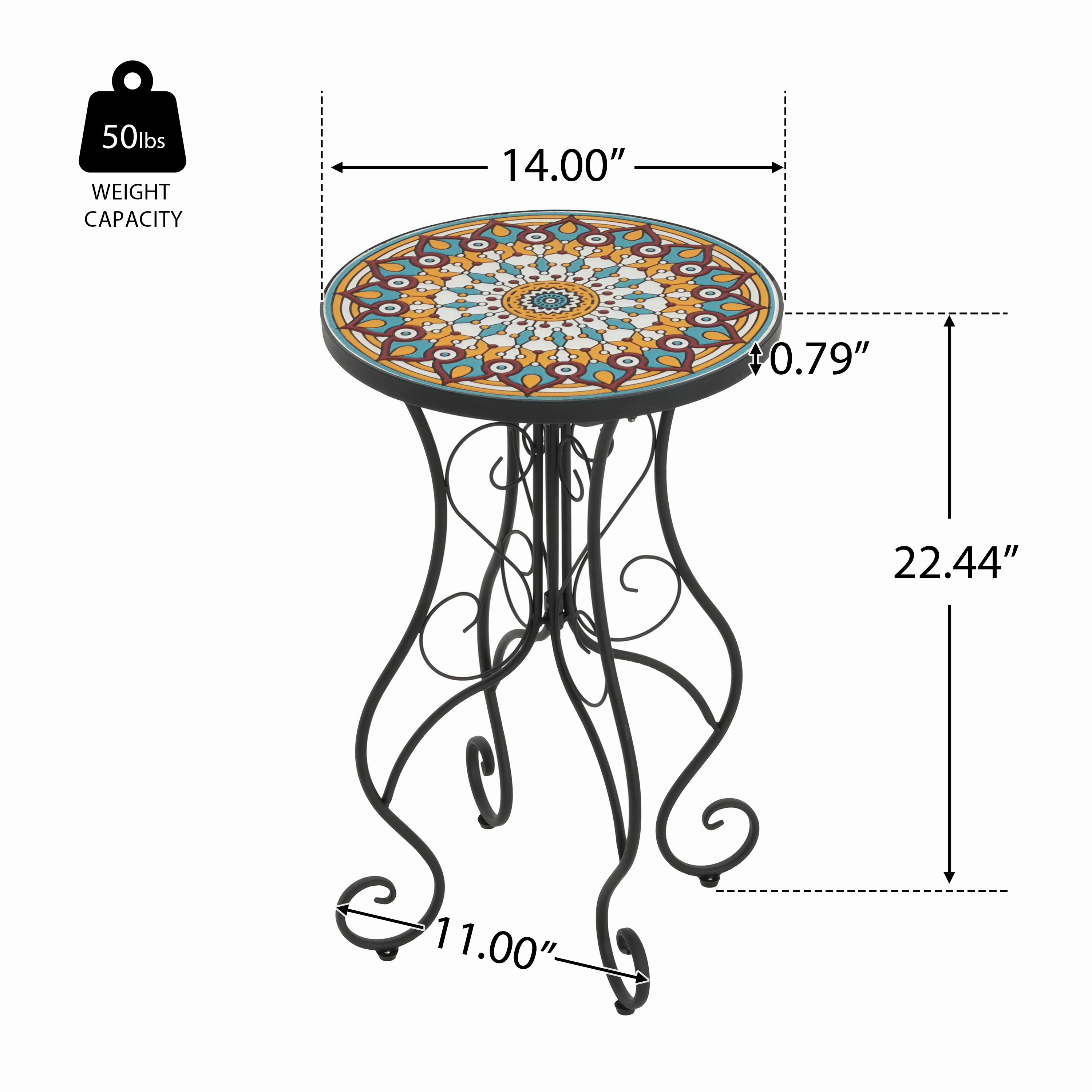 French Country Floral Tile Outdoor Side Table  14" Round Ceramic Top