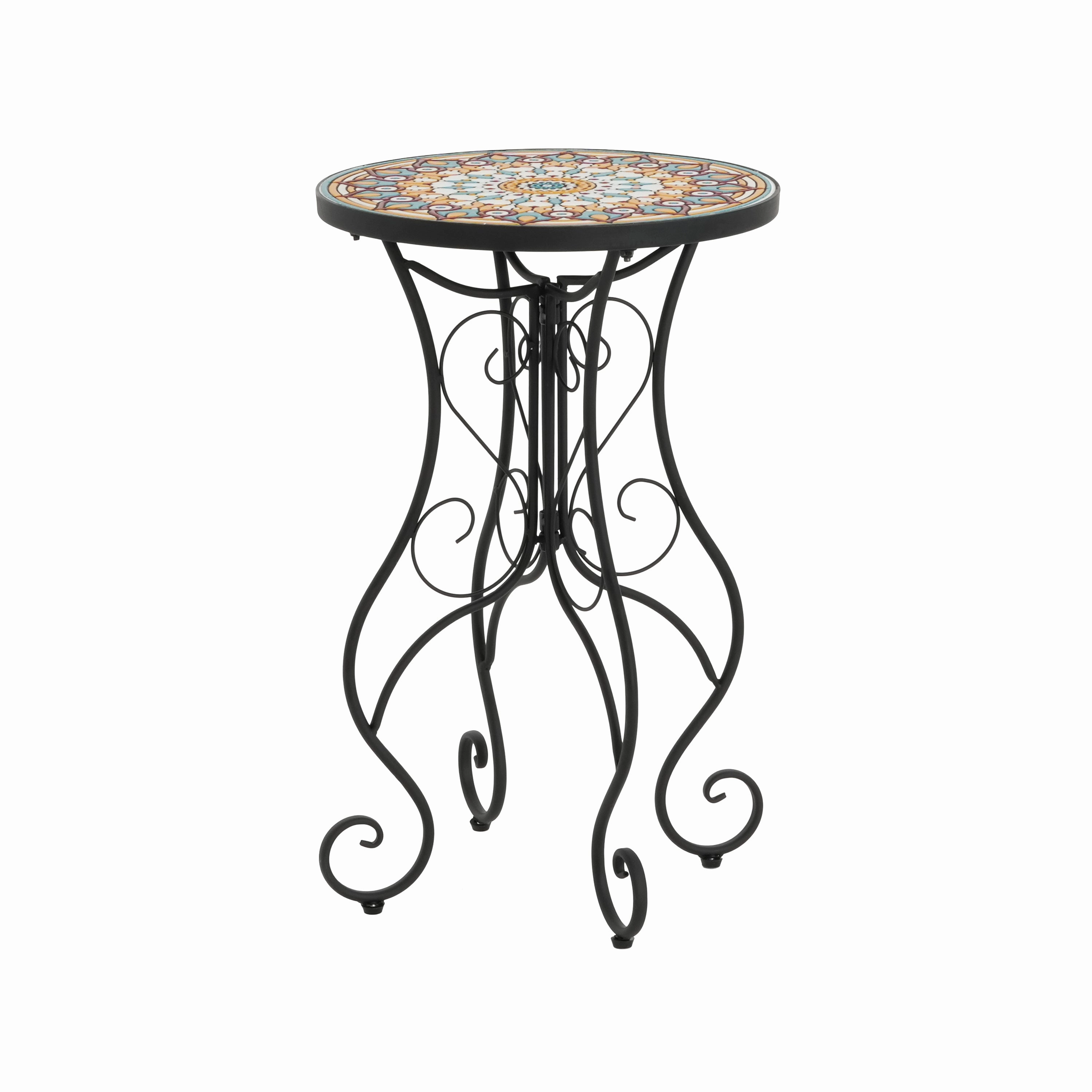 French Country Floral Tile Outdoor Side Table  14" Round Ceramic Top