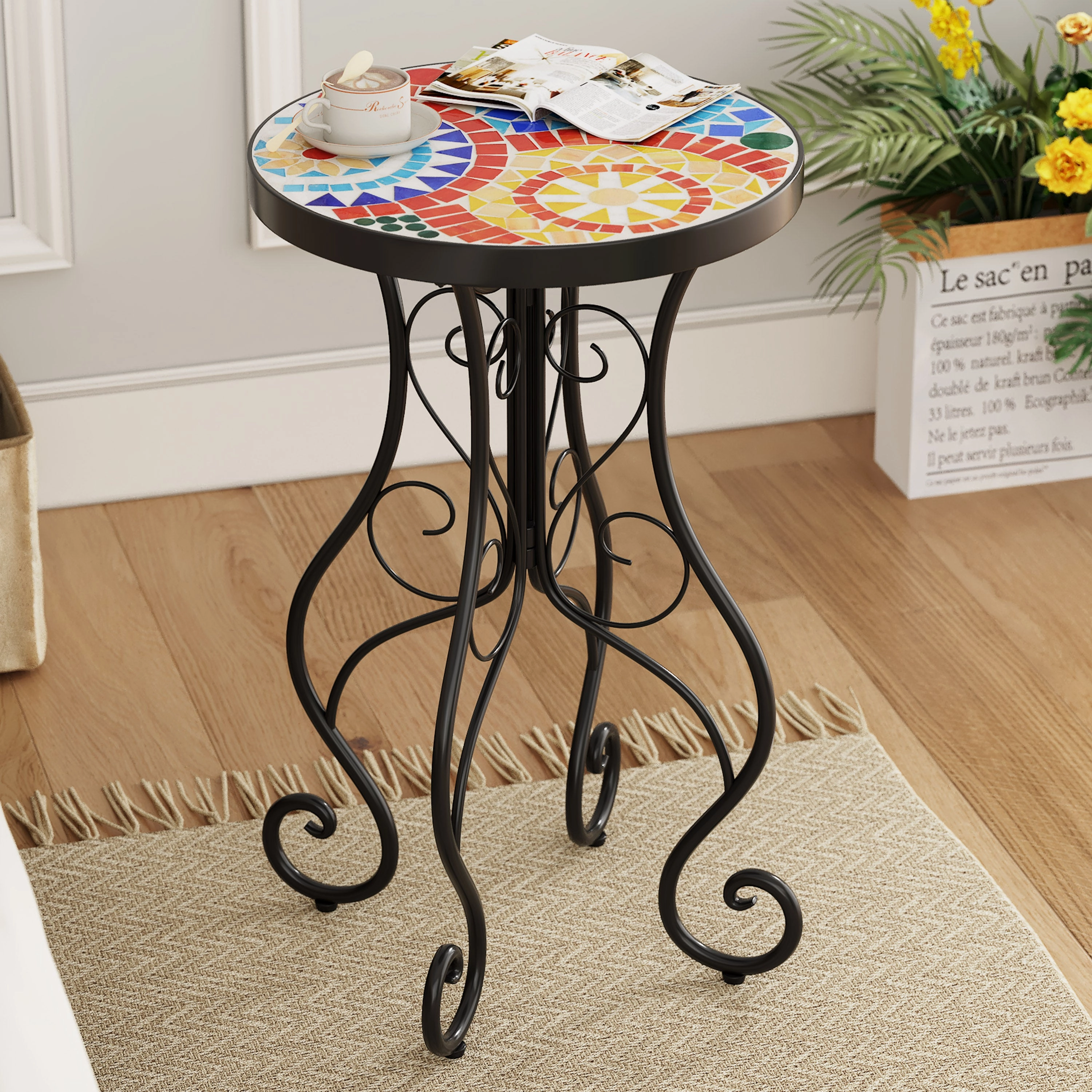 French Country Floral Tile Outdoor Side Table  14" Round Ceramic Top