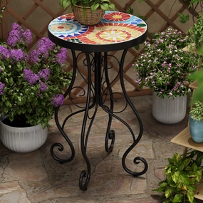 French Country Floral Tile Outdoor Side Table  14" Round Ceramic Top coffee table, accent table