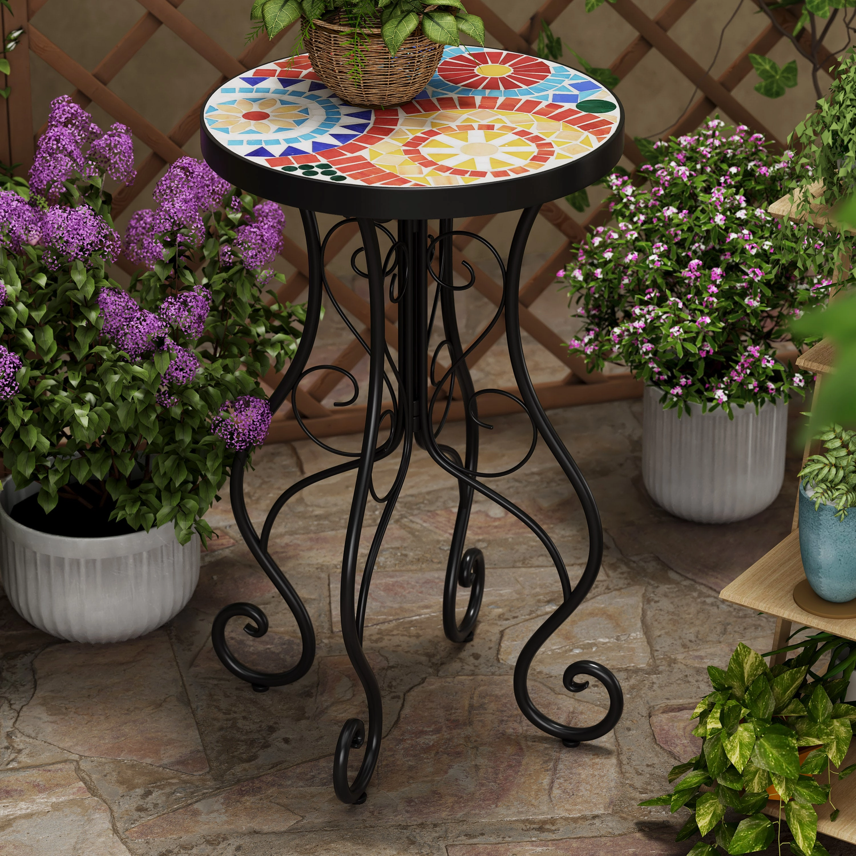 French Country Floral Tile Outdoor Side Table  14" Round Ceramic Top coffee table, accent table