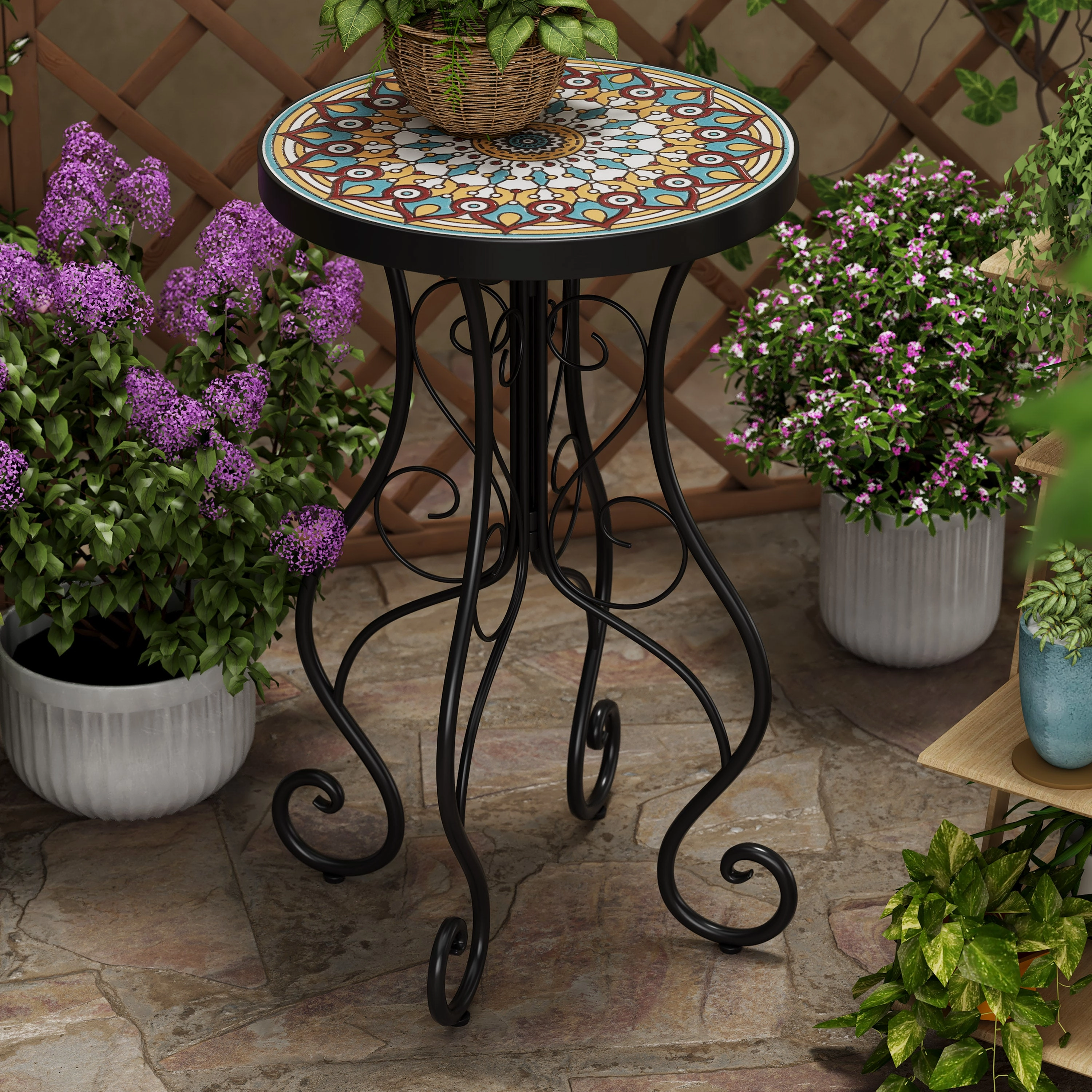 French Country Floral Tile Outdoor Side Table  14" Round Ceramic Top