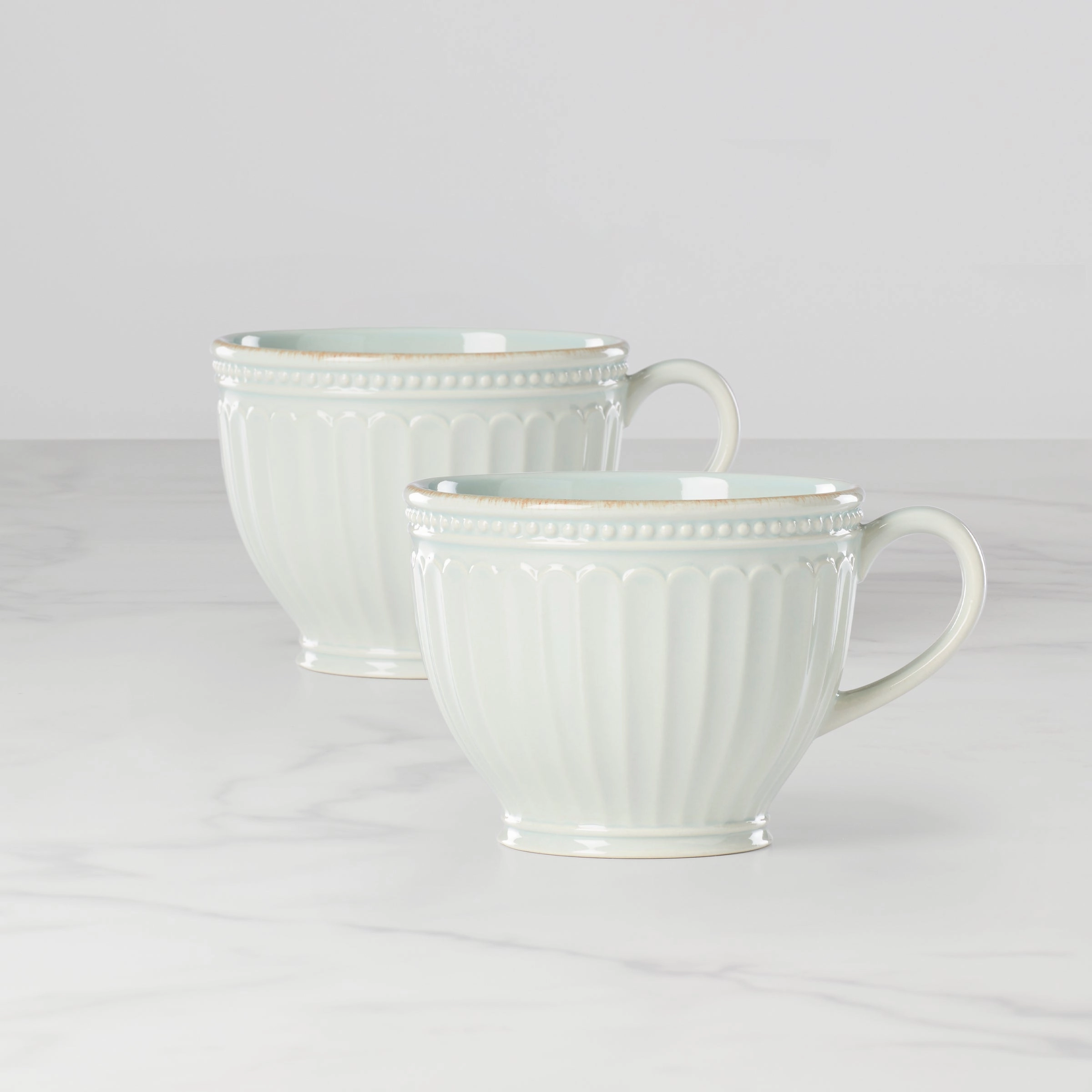 French Perle Groove Blue Latte Mugs - Set of 2