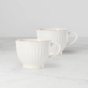 French Perle Groove White Latte Mugs - Set of 2