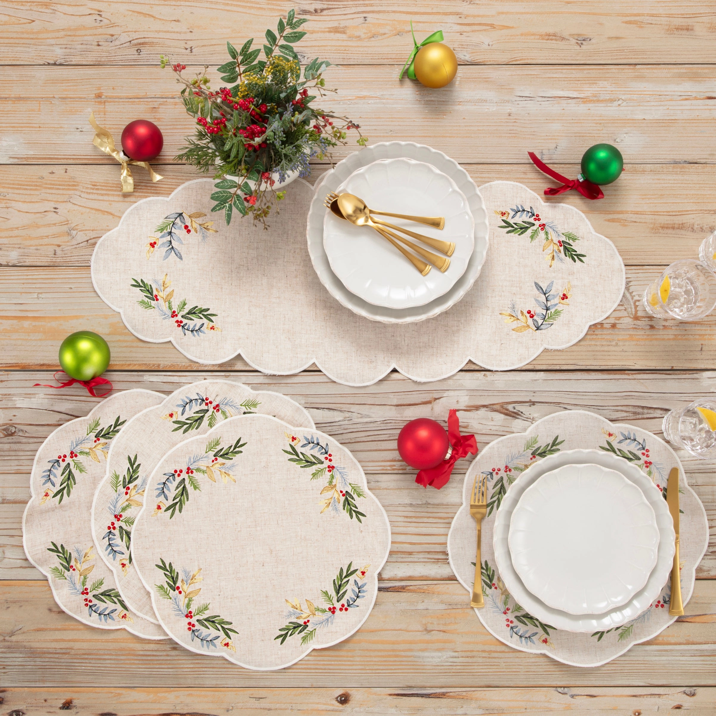 French Perle Holly Embroidered Placemats - Set Of 4