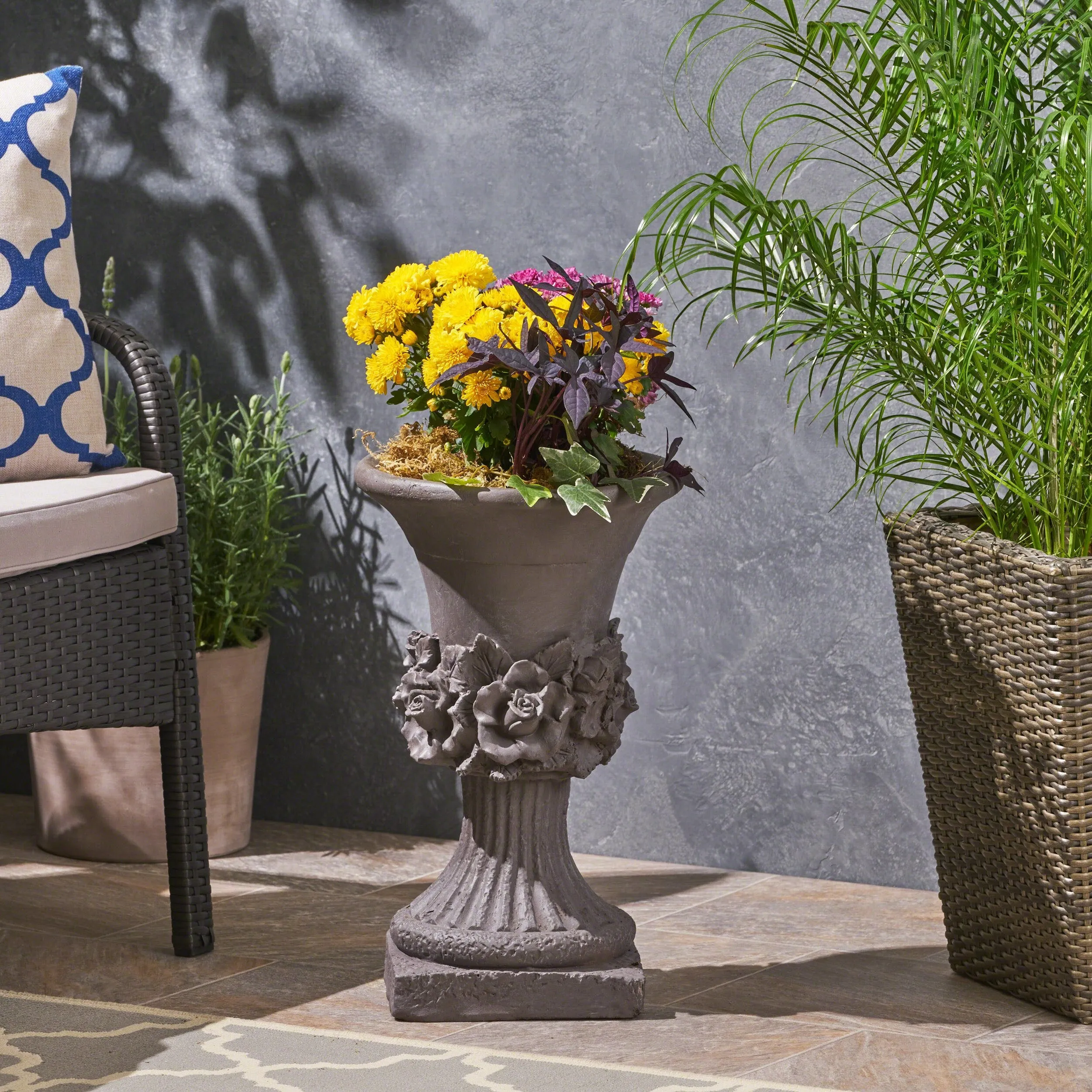 Garden Urn Planter, Roman, Botanical, Lightweight Concrete - NH614703 patio chairs, outdoor seating