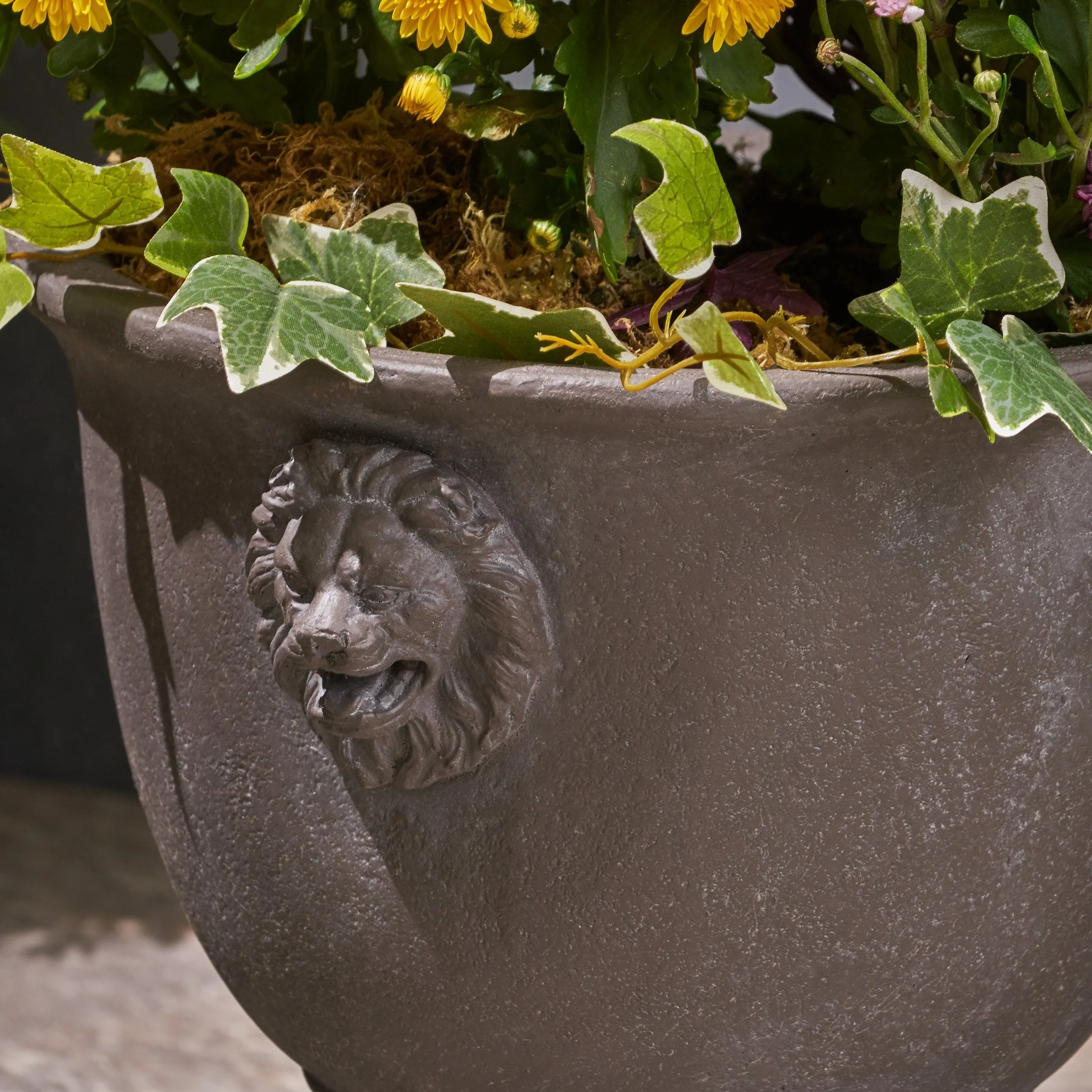 Garden Urn Planter, Roman, Lionhead Accents, Lightweight Concrete - NH474703