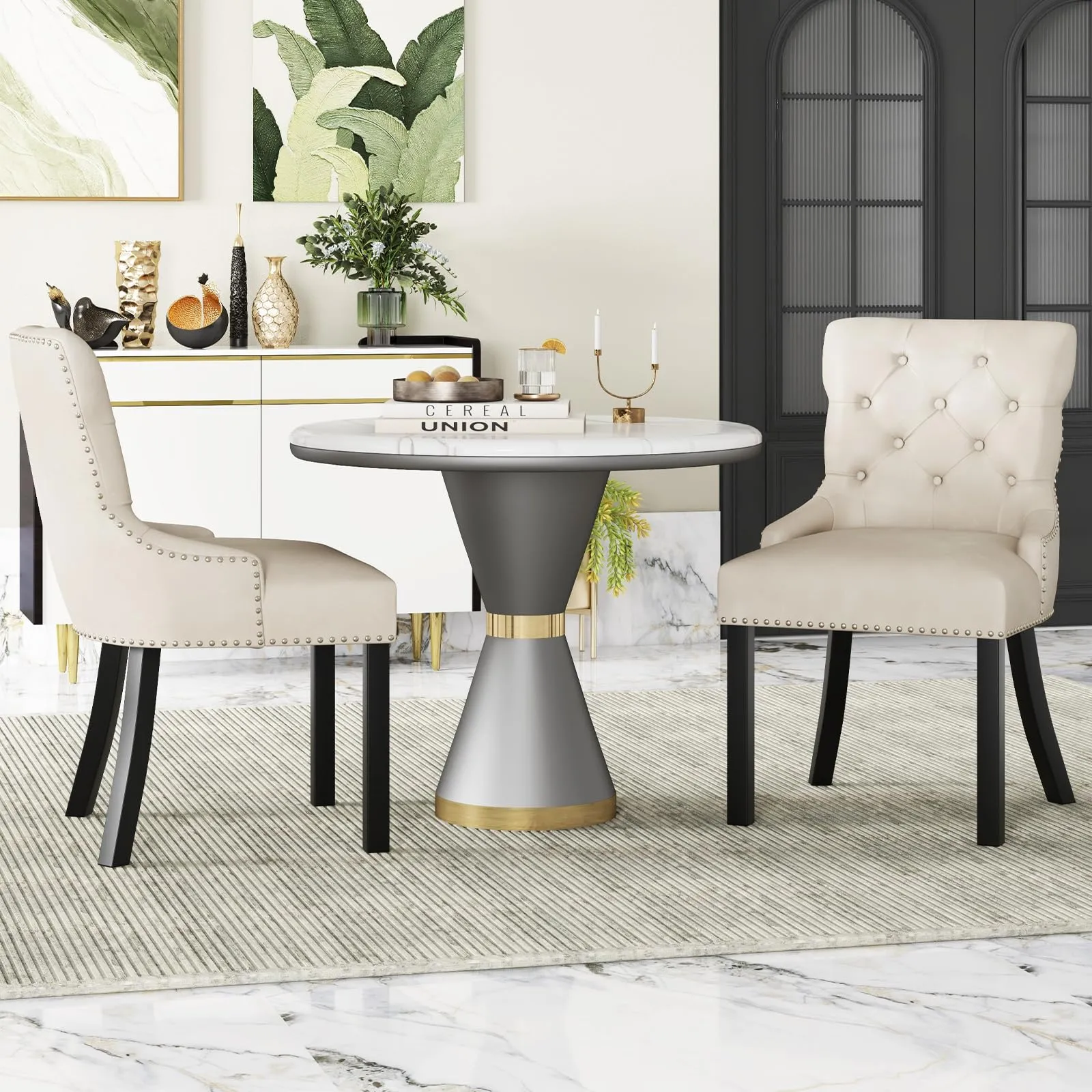 Gianex Upholstered Dining Chairs Set, Wood Wingback Accent Chairs w/Rubber Wood Legs & Nailhead Button Tufted Back