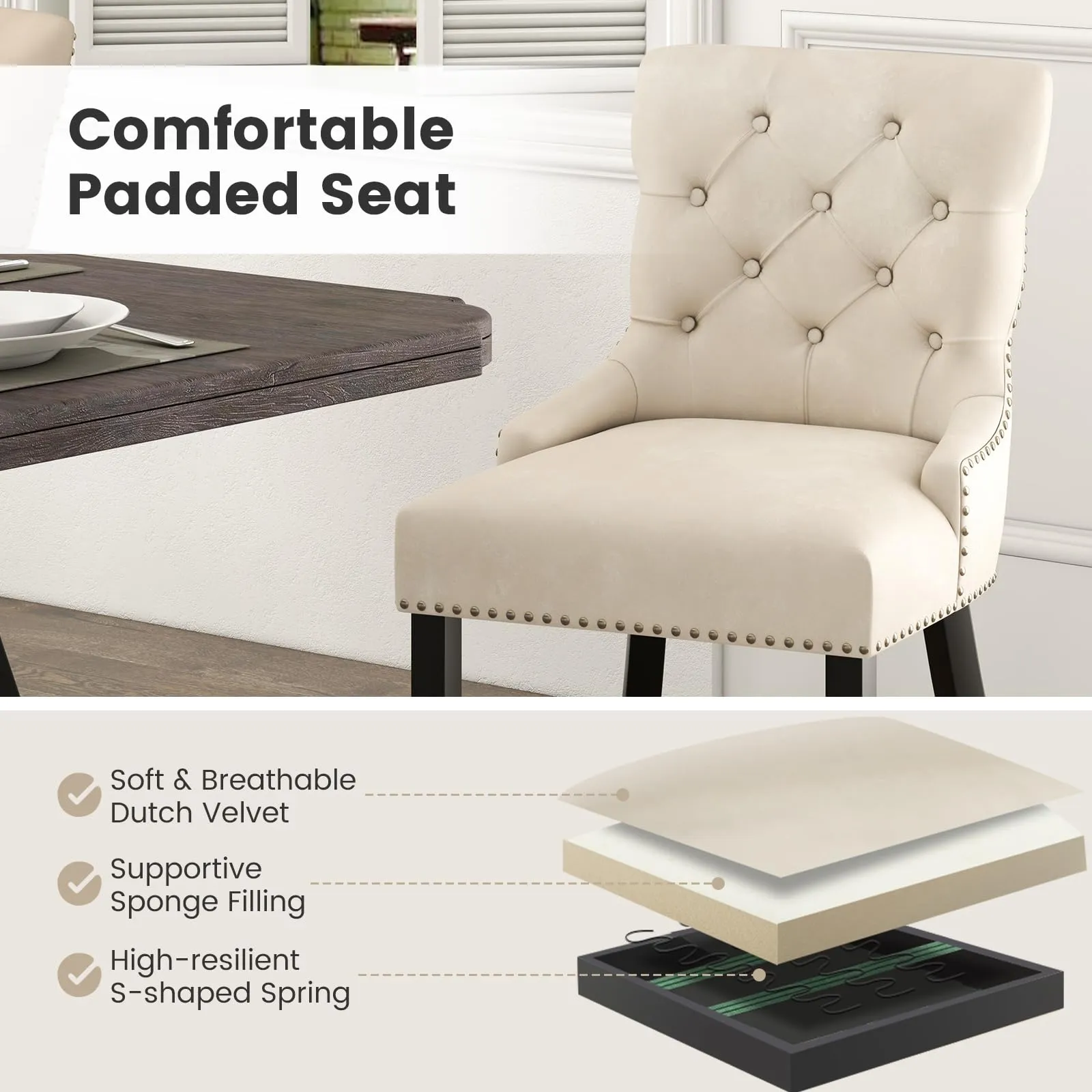 Gianex Upholstered Dining Chairs Set, Wood Wingback Accent Chairs w/Rubber Wood Legs & Nailhead Button Tufted Back