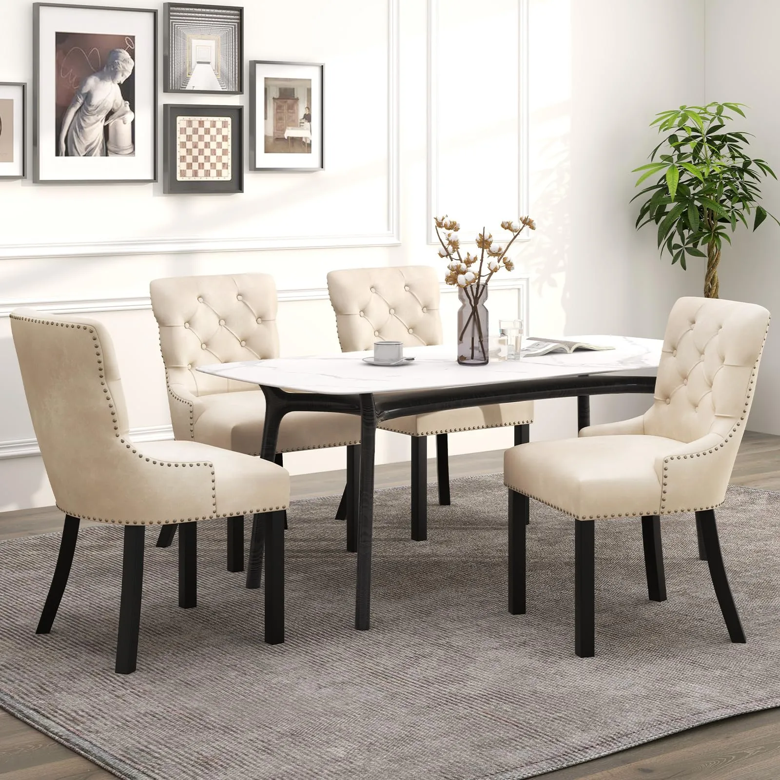 Gianex Upholstered Dining Chairs Set, Wood Wingback Accent Chairs w/Rubber Wood Legs & Nailhead Button Tufted Back
