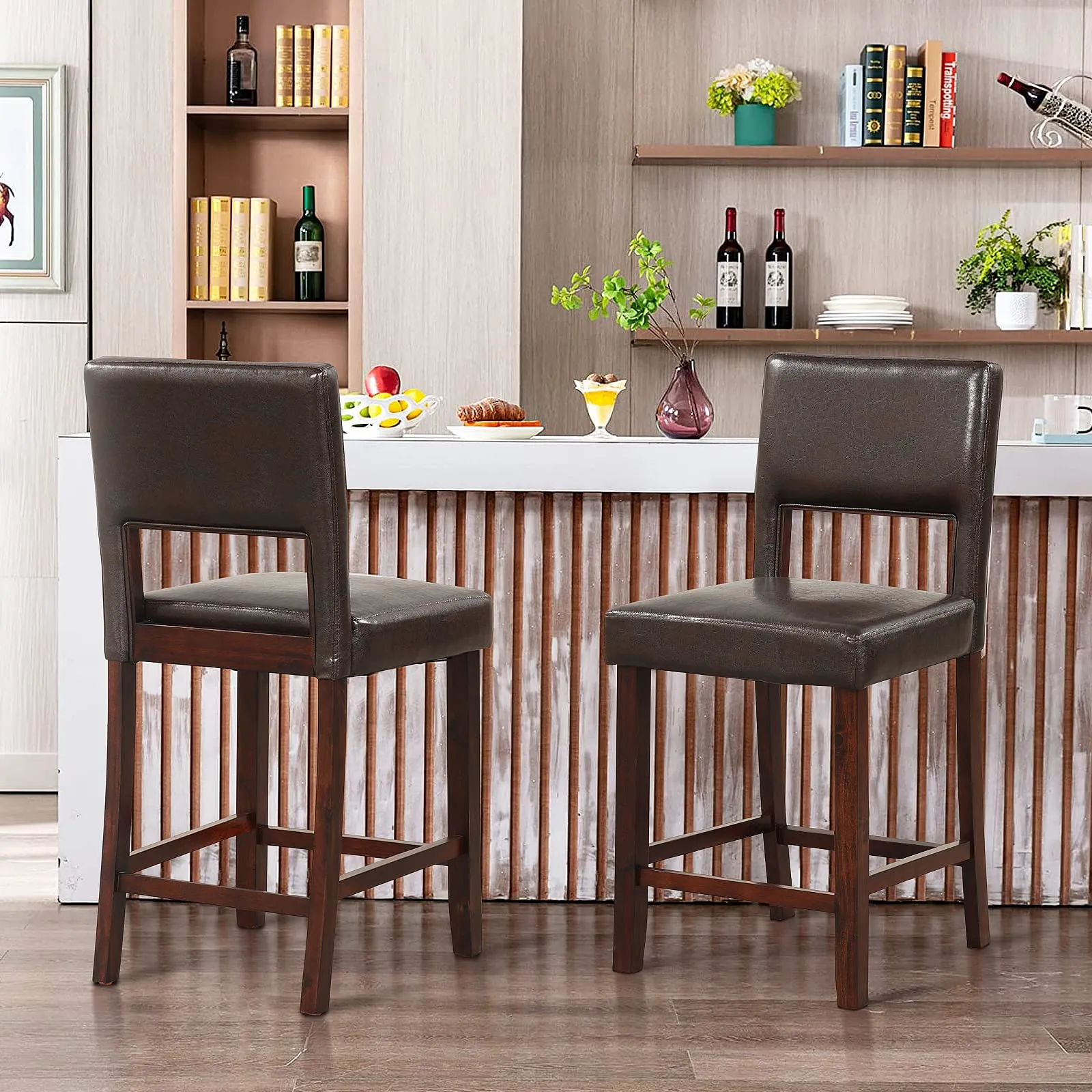 Giantex 2 or 4-Piece Bar Chair Set - Linen Counter Height Bar Stool Set with Hollowed Back & Rubber Wood Legs