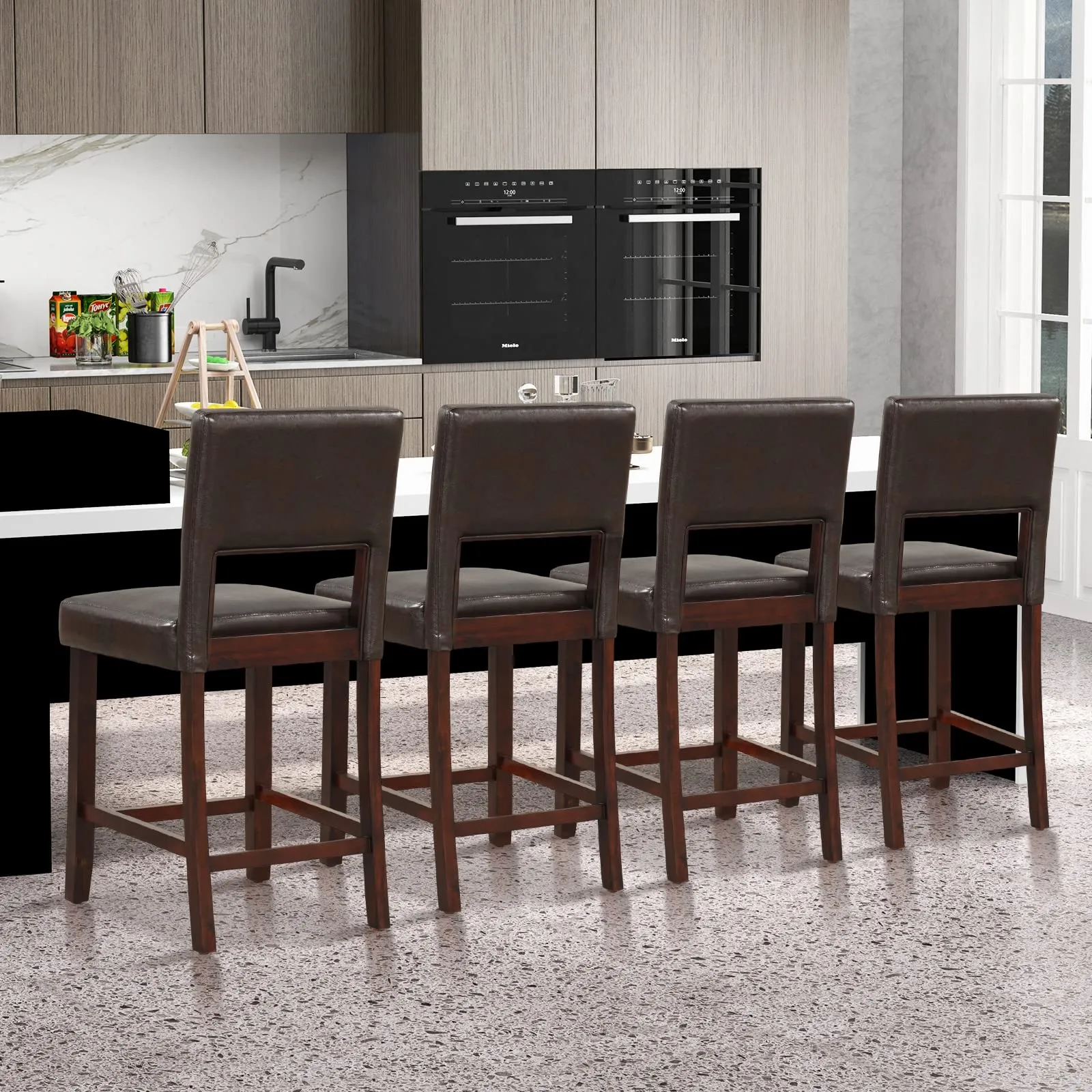 Giantex 2 or 4-Piece Bar Chair Set - Linen Counter Height Bar Stool Set with Hollowed Back & Rubber Wood Legs
