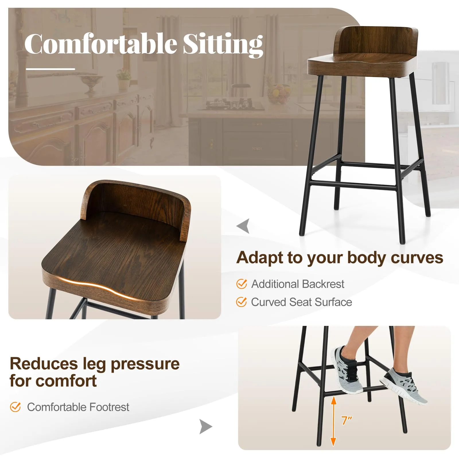 Giantex 24.5'' Bar Stool, Counter Height Bar Stools with Low Back & Footrest