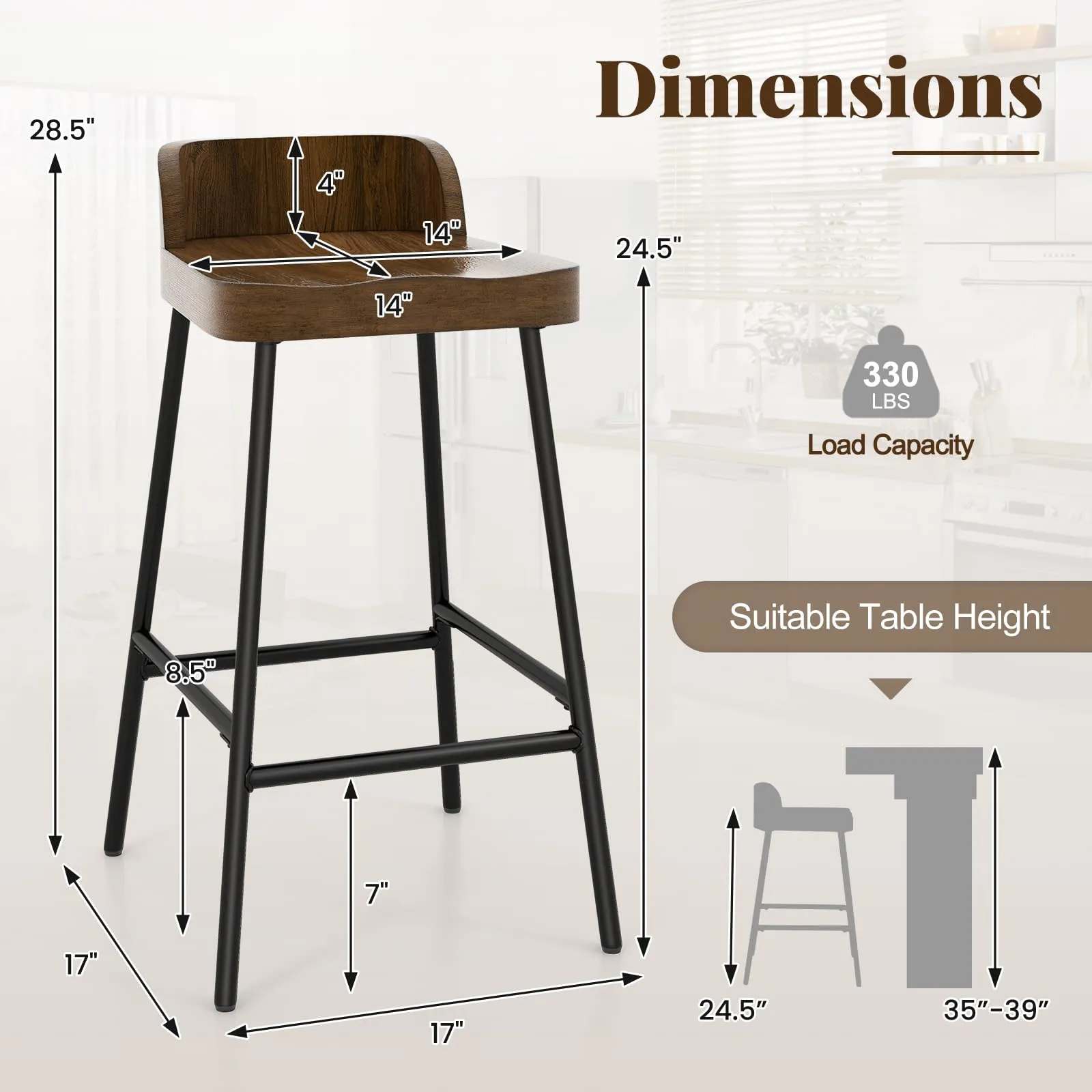 Giantex 24.5'' Bar Stool, Counter Height Bar Stools with Low Back & Footrest