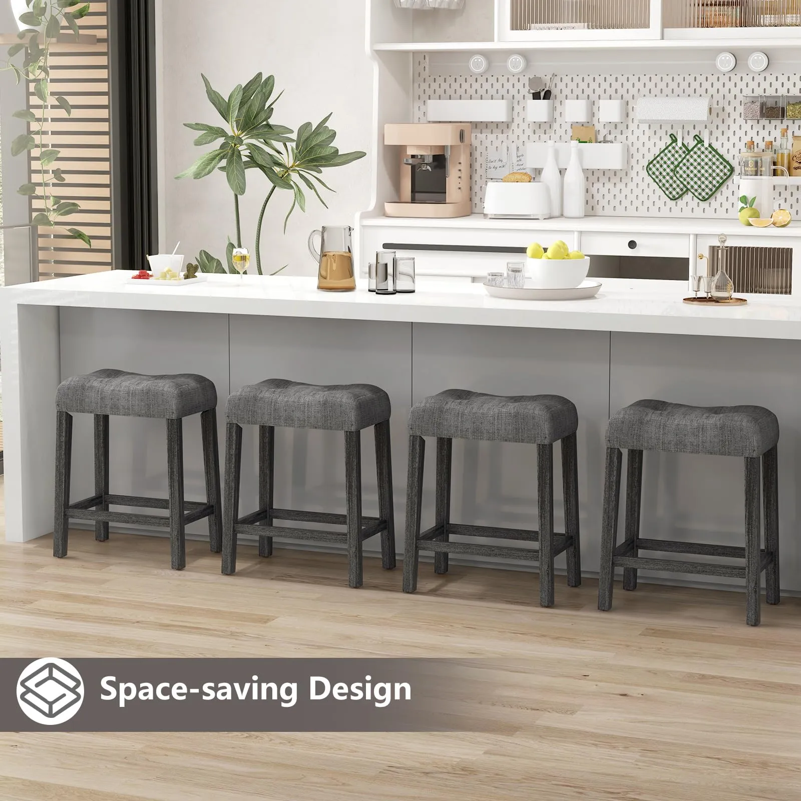 Giantex 24" Bar Stools, Backless Counter Height Saddle Bar Stools w/Padded Seat, Solid Rubber Wood Legs