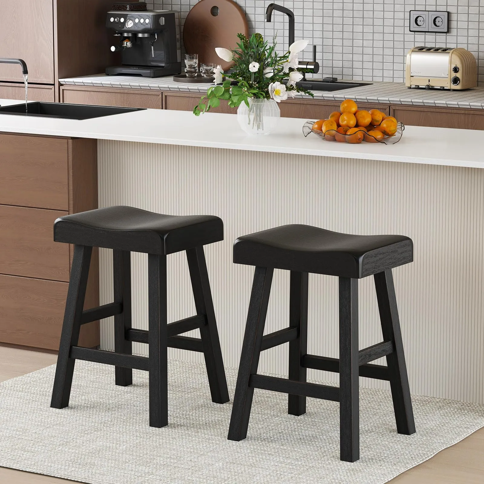 Giantex 24" Bar Stools Set, Counter Height Saddle Bar Stools w/Footrests, Acacia Wood Seats, Rubber Wood Crossbars