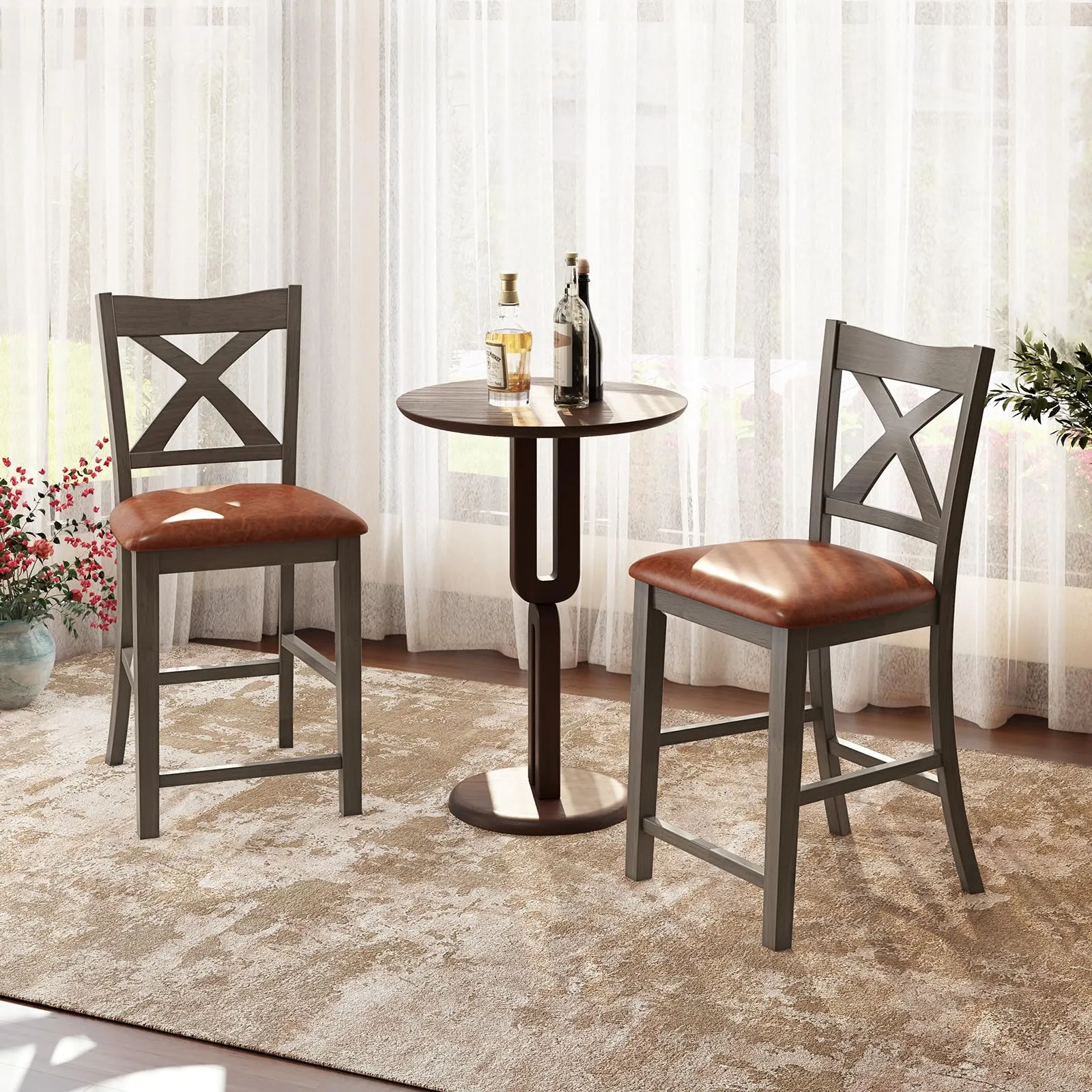 Giantex 24" Bar Stools Set of 2/4, Counter Height Bar Stools with Cross Back & Faux Leather Upholstered Seat