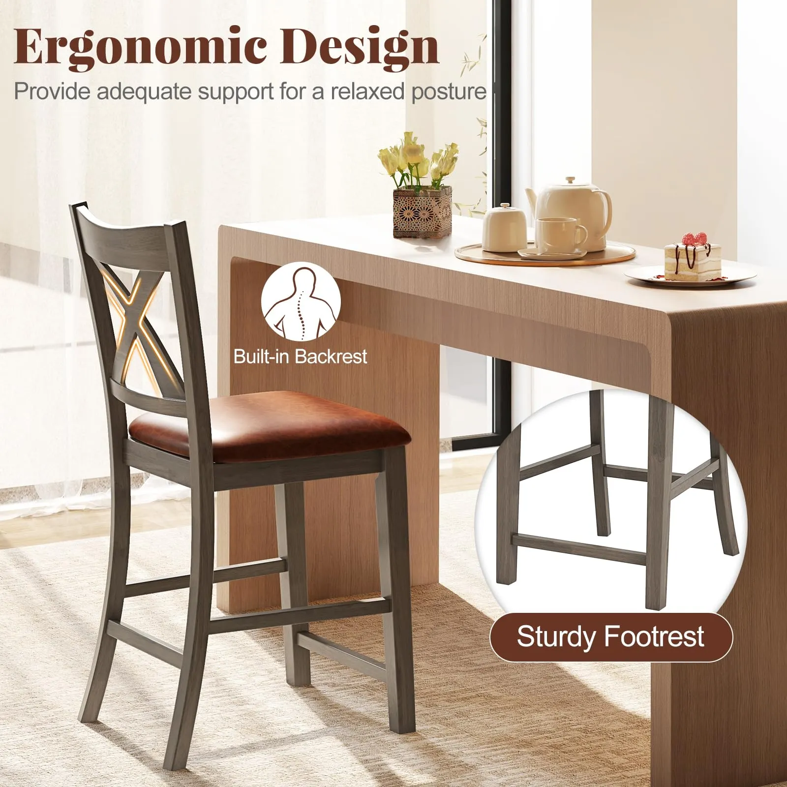 Giantex 24" Bar Stools Set of 2/4, Counter Height Bar Stools with Cross Back & Faux Leather Upholstered Seat