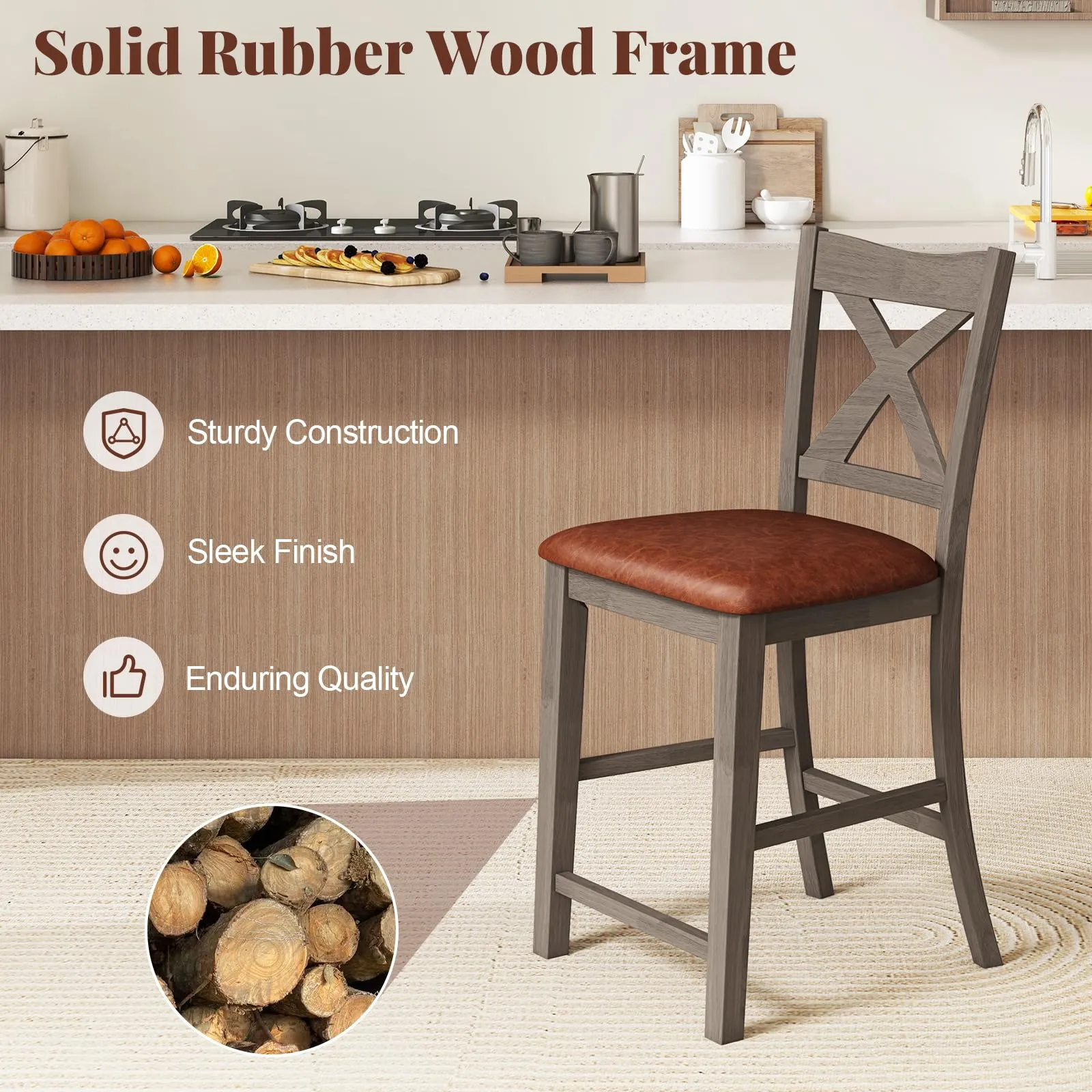 Giantex 24" Bar Stools Set of 2/4, Counter Height Bar Stools with Cross Back & Faux Leather Upholstered Seat