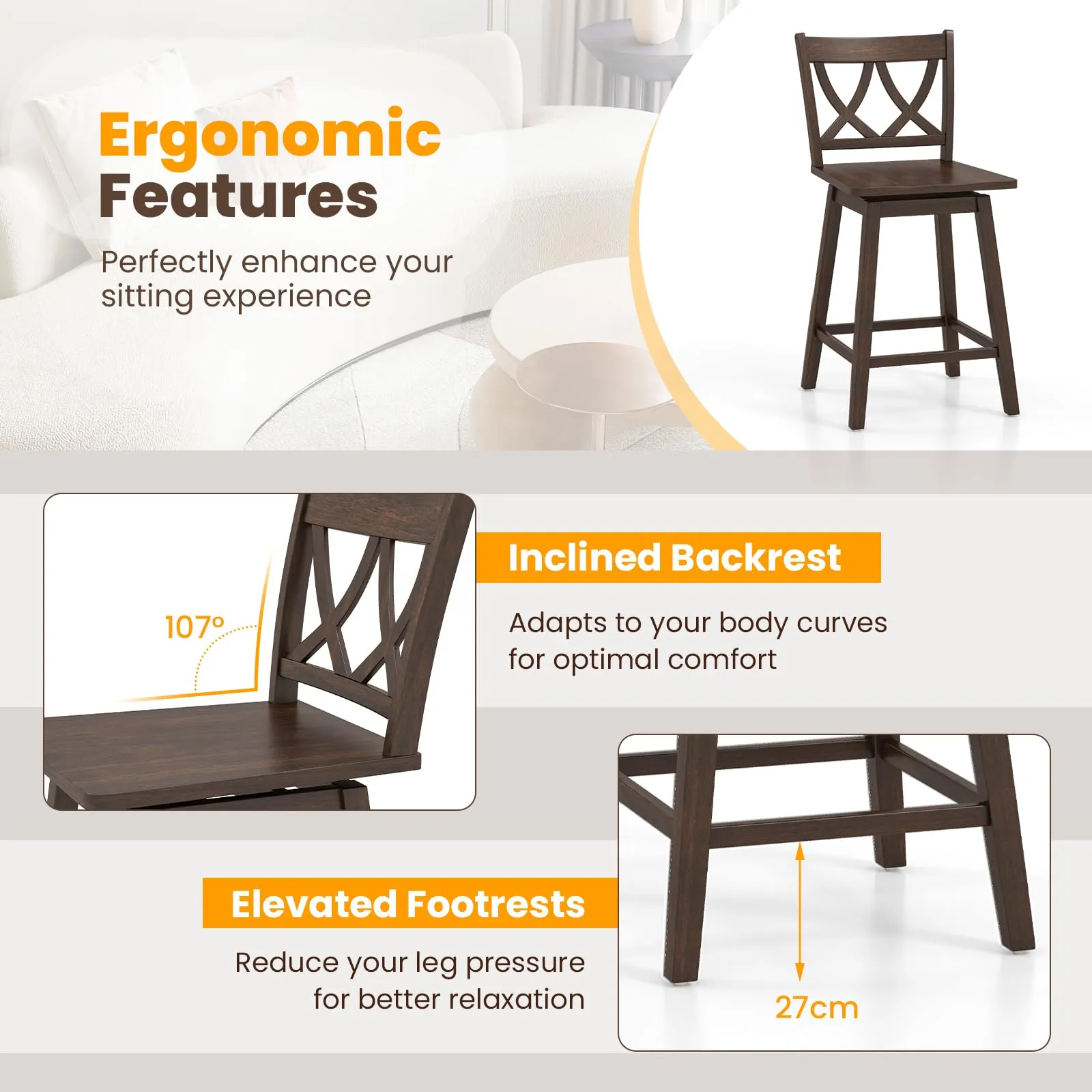 Giantex 24" Bar Stools Set of 2/4, Swivel Wooden Bar Chairs with Rubber Wood Frame, Dark Grey
