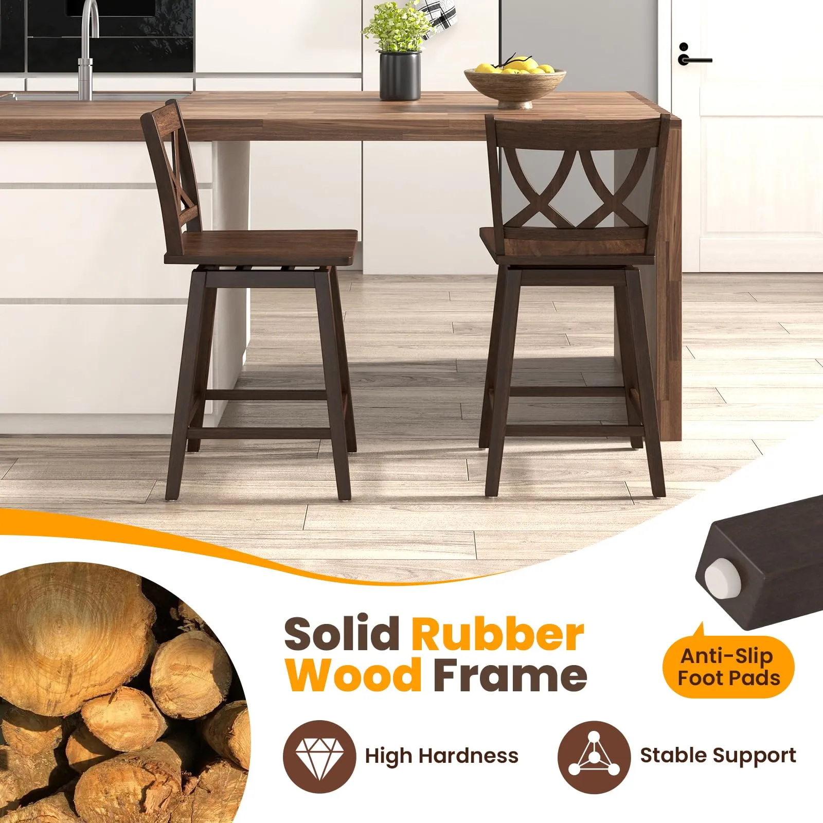Giantex 24" Bar Stools Set of 2/4, Swivel Wooden Bar Chairs with Rubber Wood Frame, Dark Grey