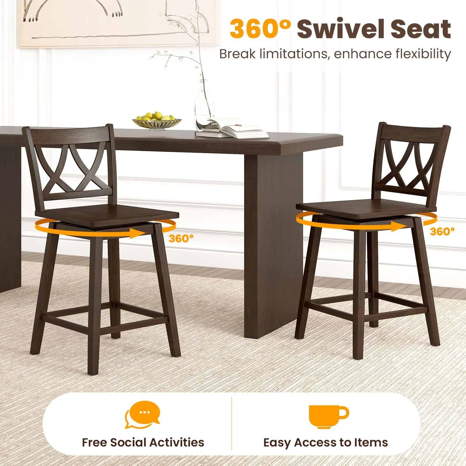 Giantex 24" Bar Stools Set of 2/4, Swivel Wooden Bar Chairs with Rubber Wood Frame, Dark Grey