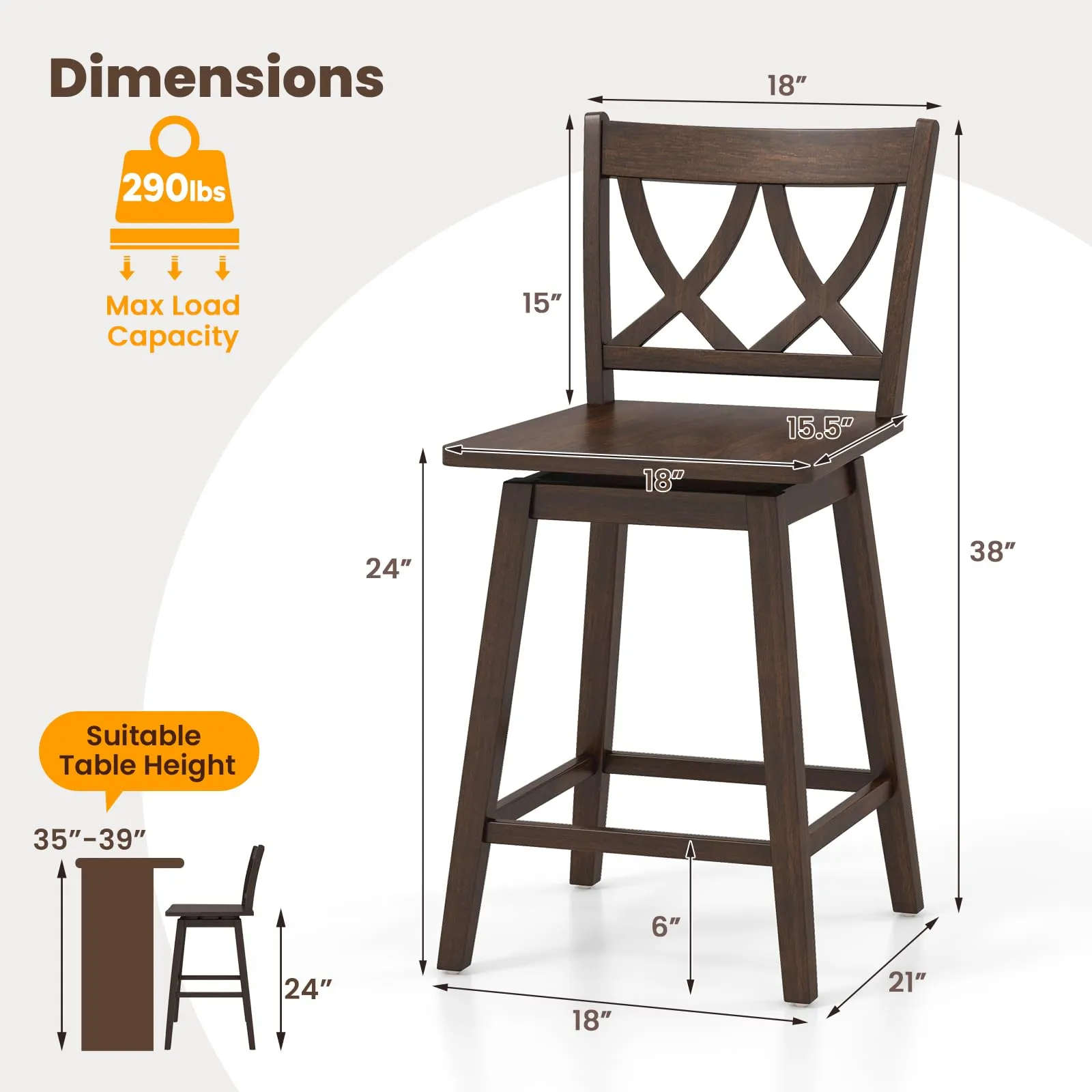 Giantex 24" Bar Stools Set of 2/4, Swivel Wooden Bar Chairs with Rubber Wood Frame, Dark Grey