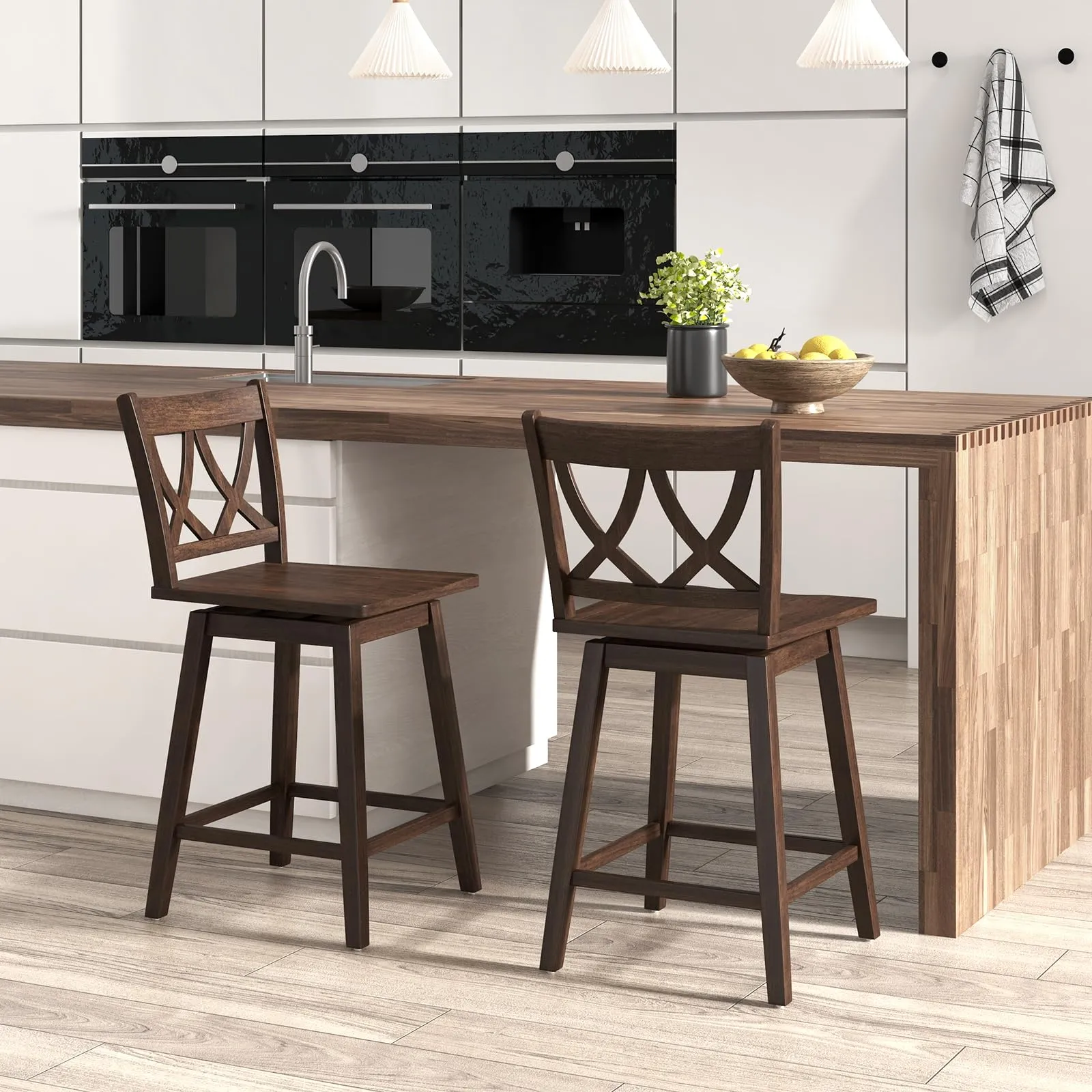 Giantex 24" Bar Stools Set of 2/4, Swivel Wooden Bar Chairs with Rubber Wood Frame, Dark Grey