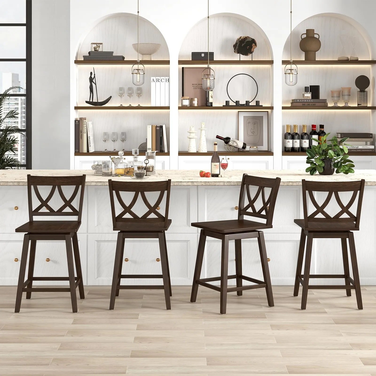 Giantex 24" Bar Stools Set of 2/4, Swivel Wooden Bar Chairs with Rubber Wood Frame, Dark Grey